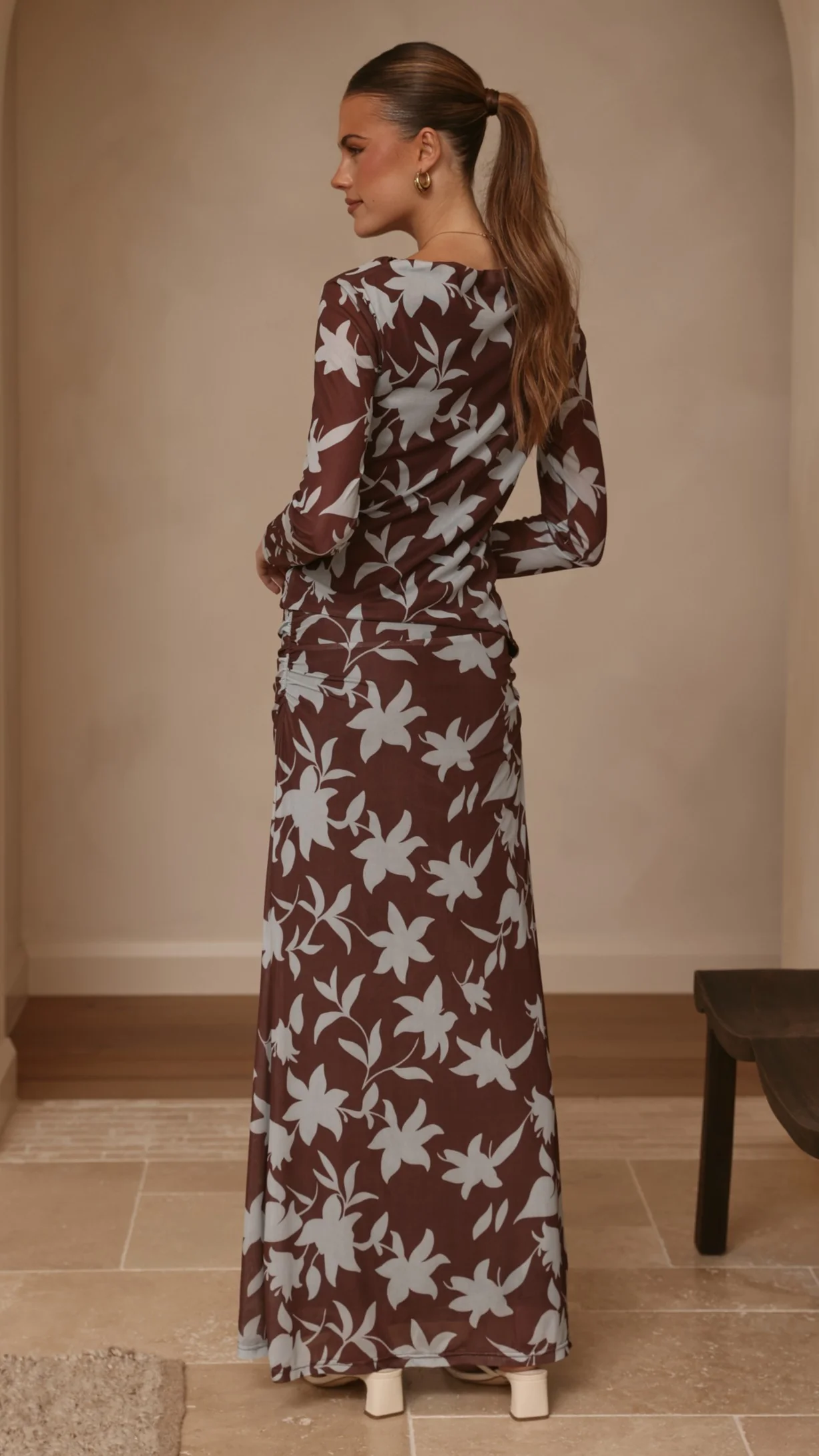 Adira Long Sleeve Top - Chocolate/Blue Print - Image 2
