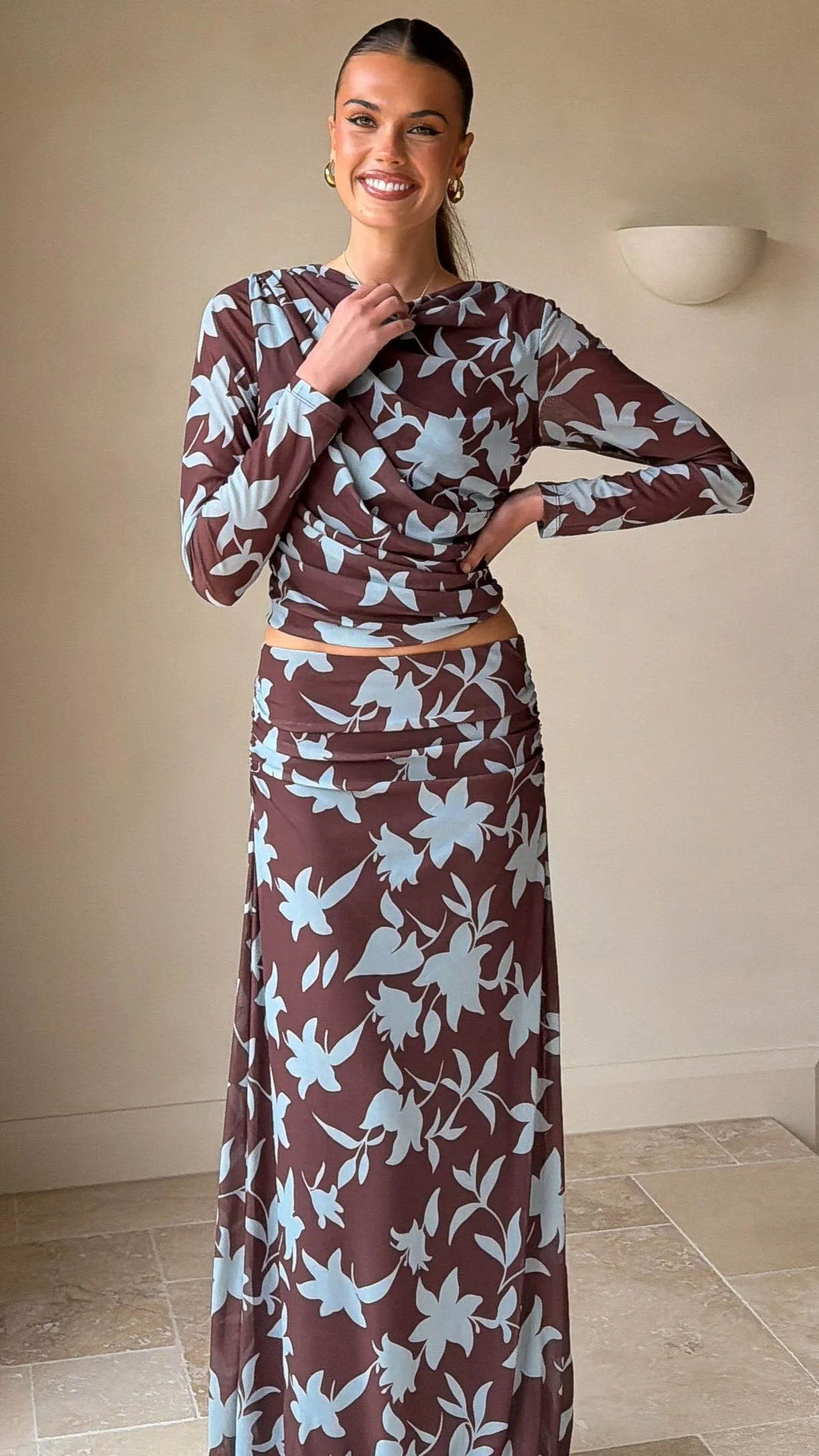 Adira Long Sleeve Top - Chocolate/Blue Print - Image 5