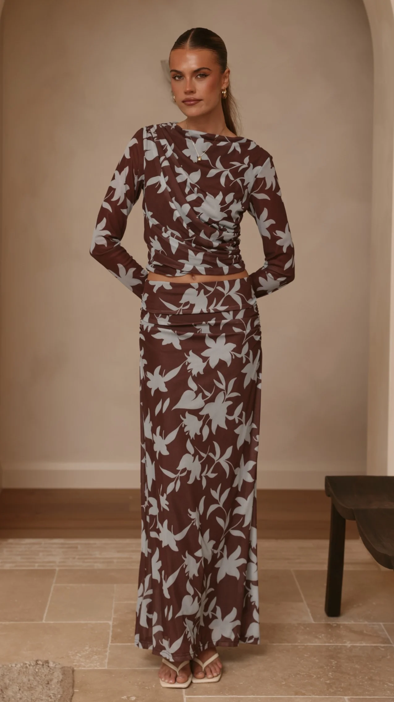 Adira Long Sleeve Top - Chocolate/Blue Print - Image 8