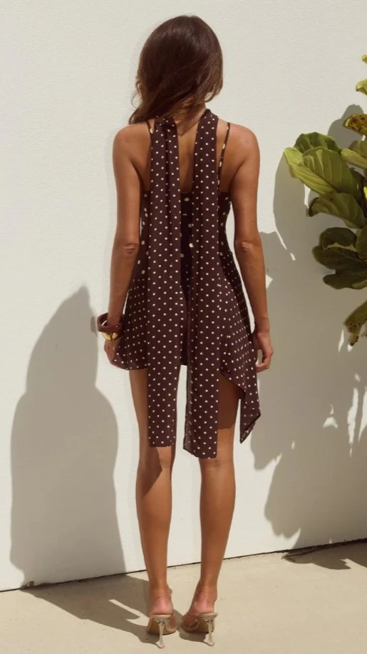 Alora Scoop Neck Mini Dress - Choc / Lemon Polka - Image 2