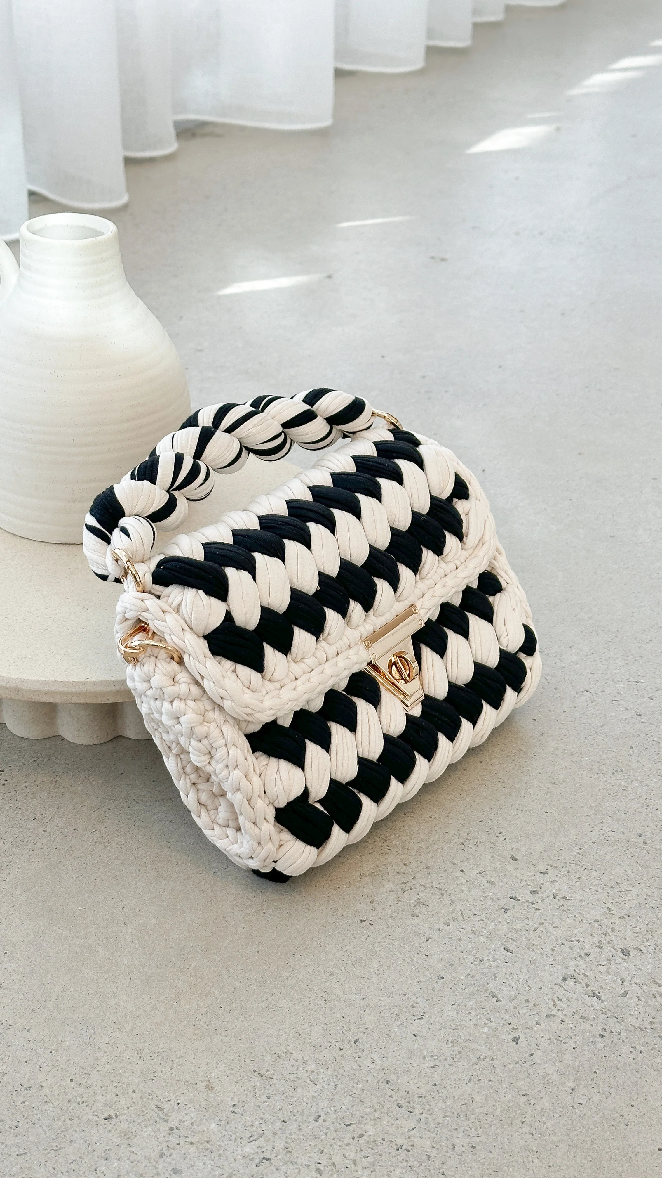 Annabel Chunky Plaited Handbag - Cream/Black - Image 3