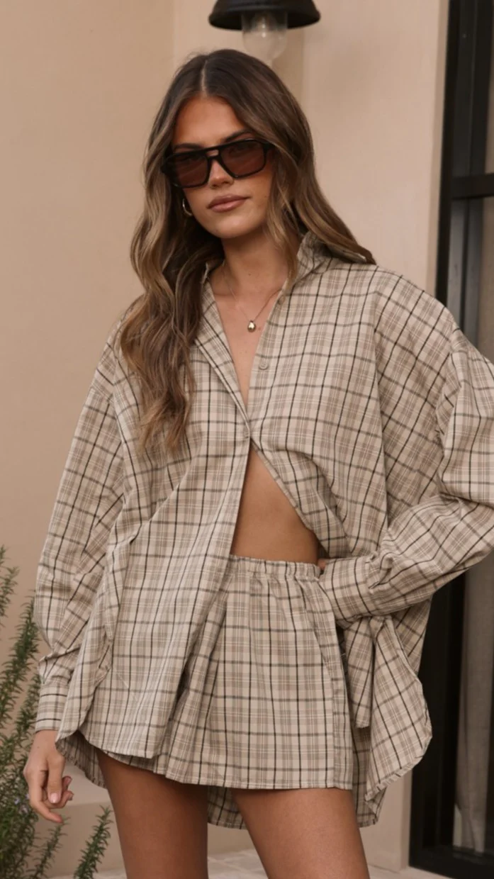 Arli Button Up Shirt - Beige/Brown Plaid