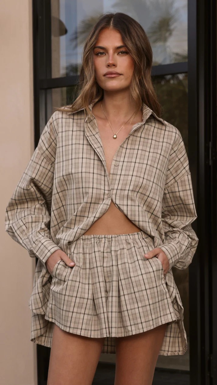 Arli Button Up Shirt - Beige/Brown Plaid - Image 4