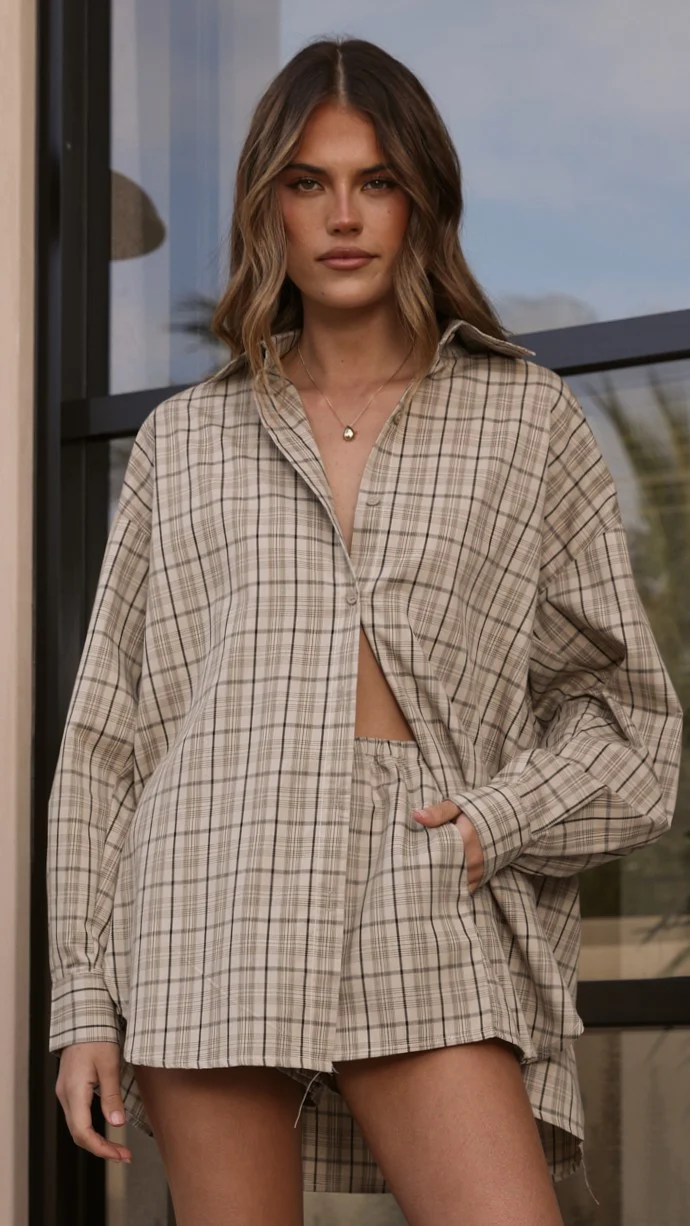 Arli Button Up Shirt - Beige/Brown Plaid - Image 5