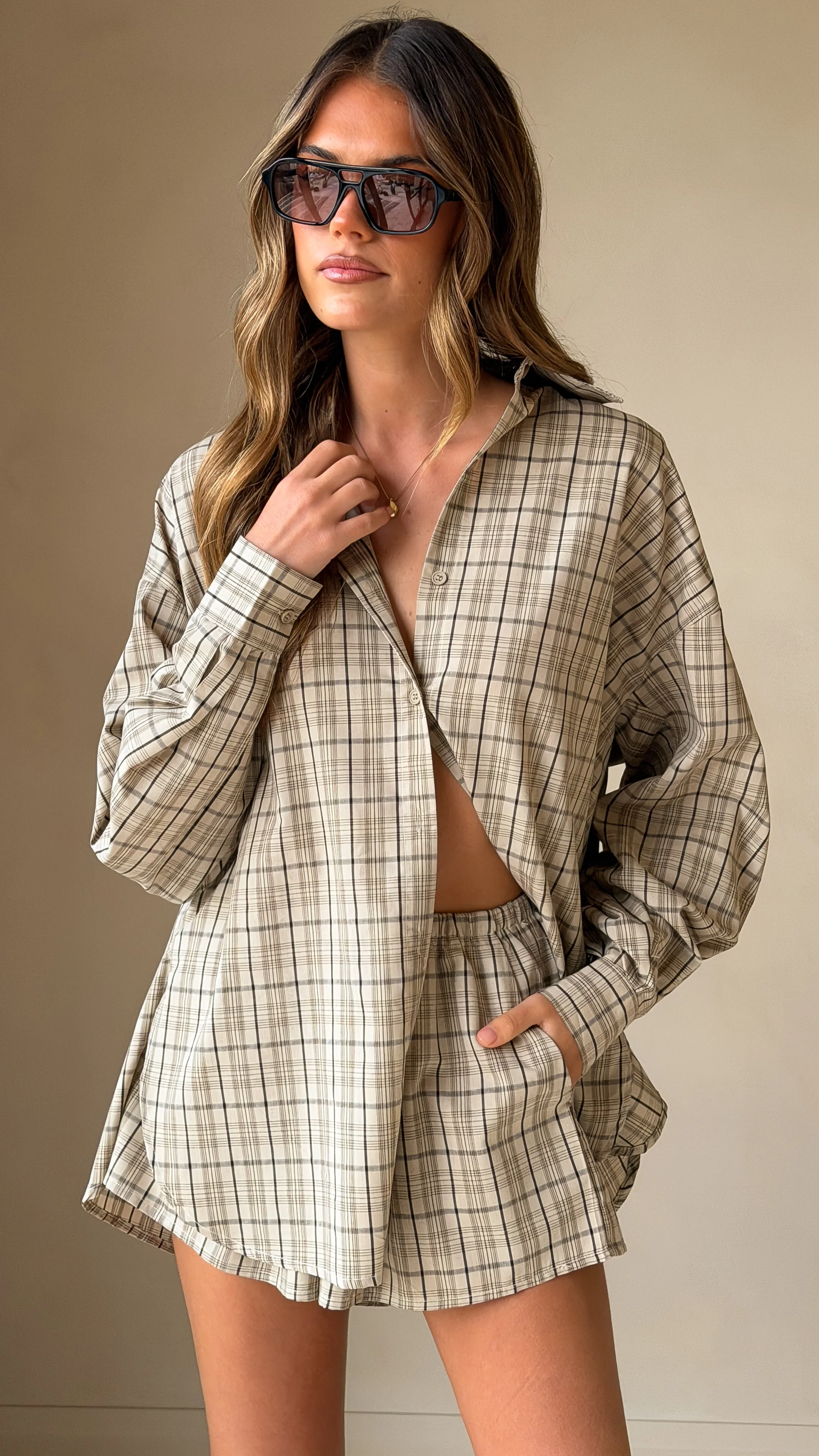 Arli Button Up Shirt - Beige/Brown Plaid - Image 6