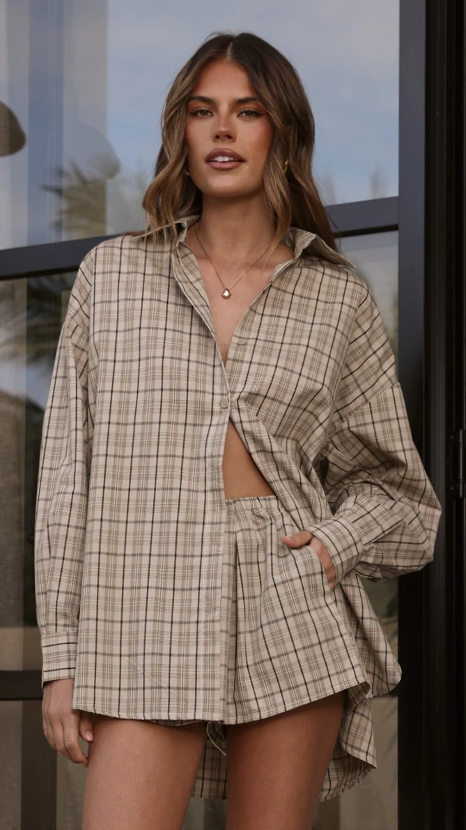 Arli Button Up Shirt - Beige/Brown Plaid - Image 8