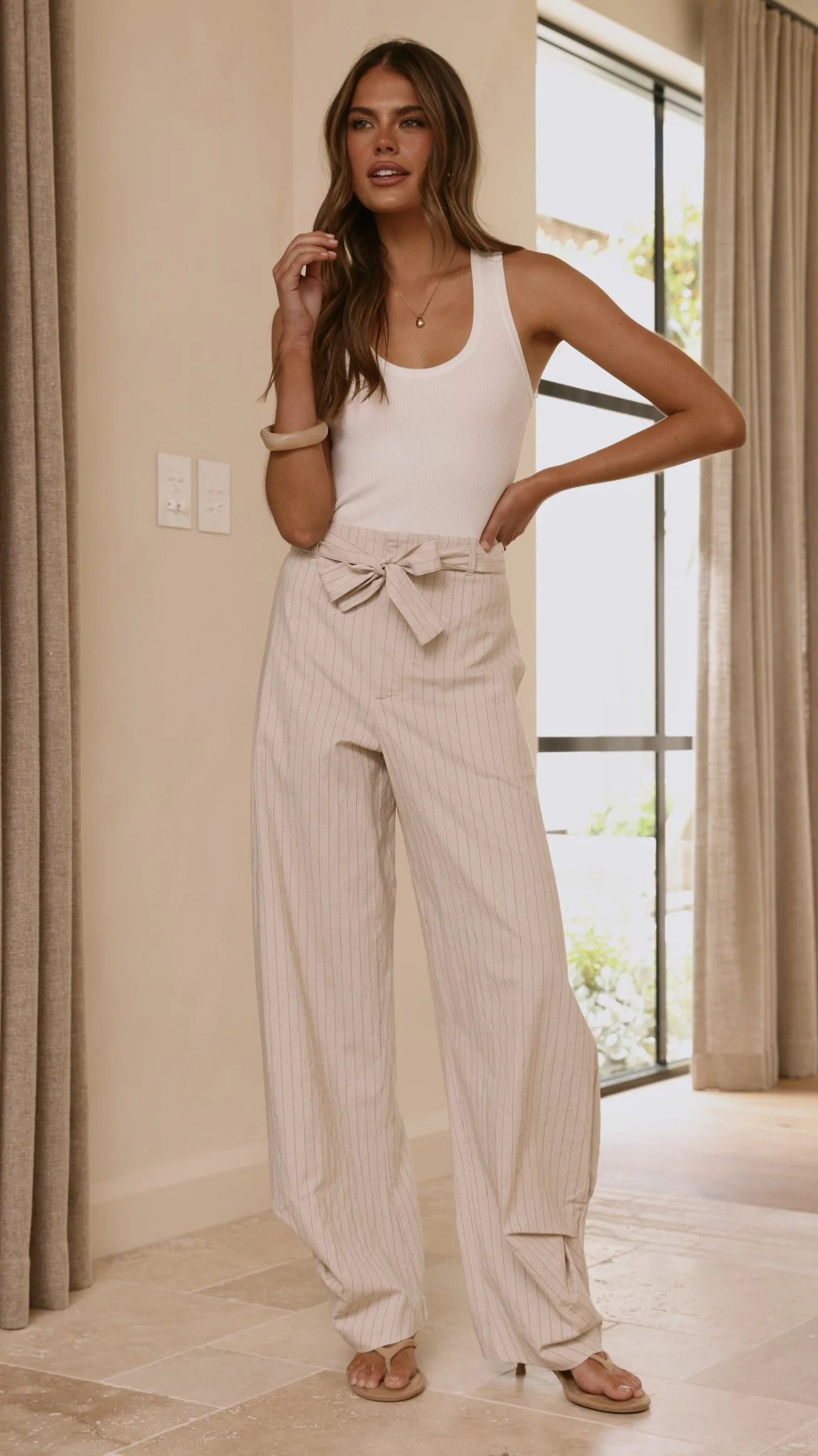 Audrey Pinstripe Tapered Pant - Stone