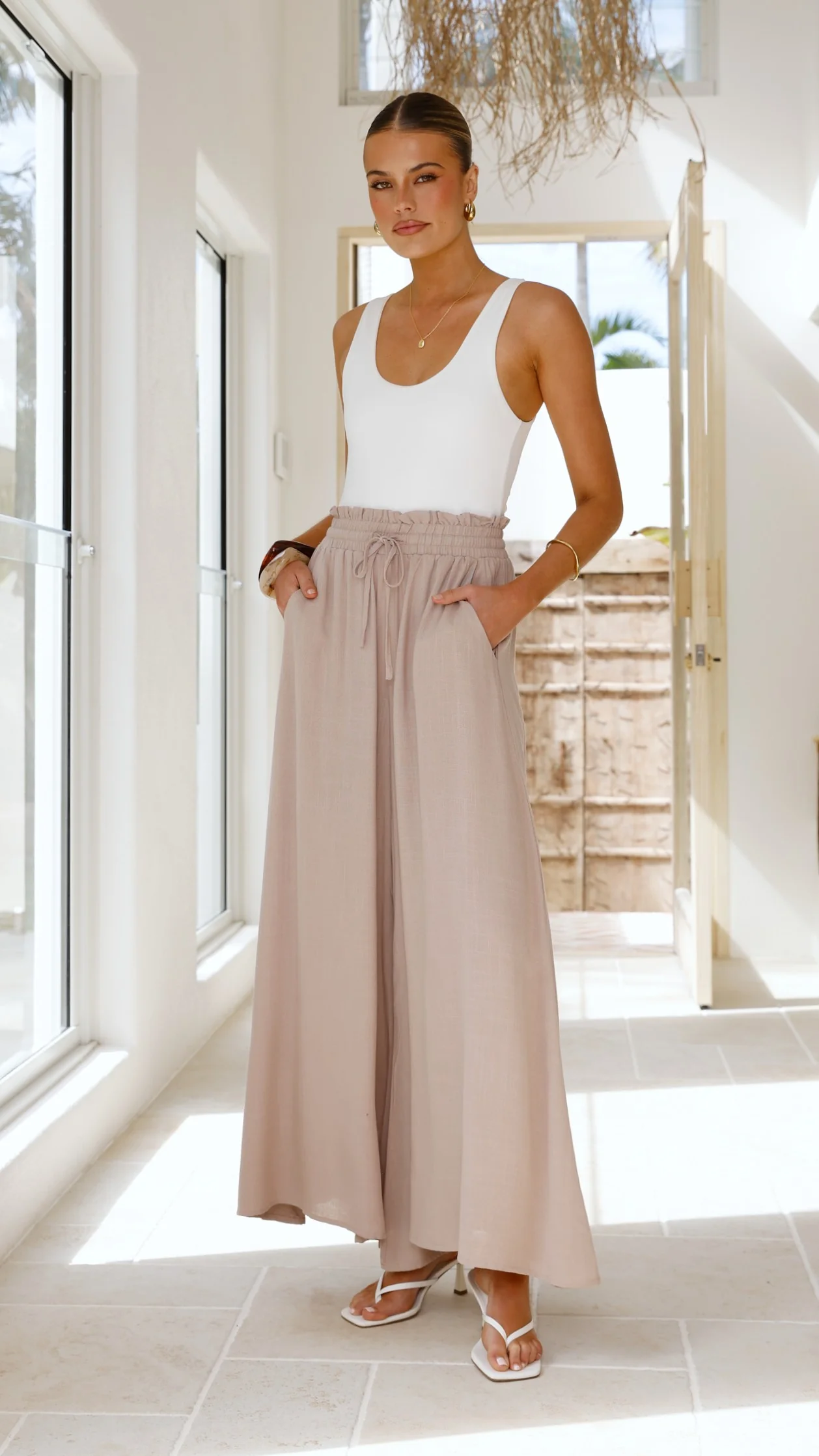 Avery Wide Leg Pants - Beige - Image 9