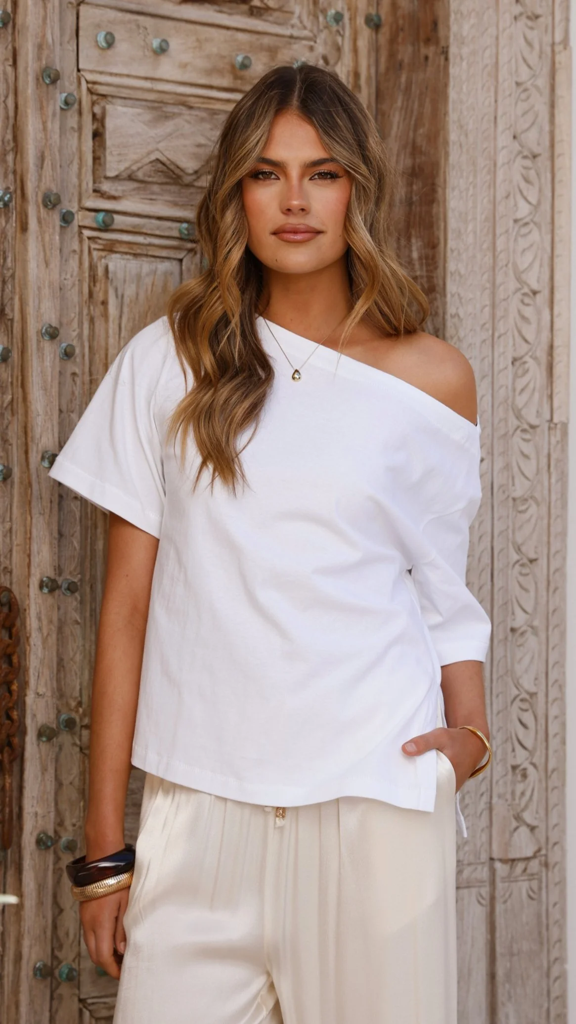Aziel Off Shoulder Tee - White - Image 2