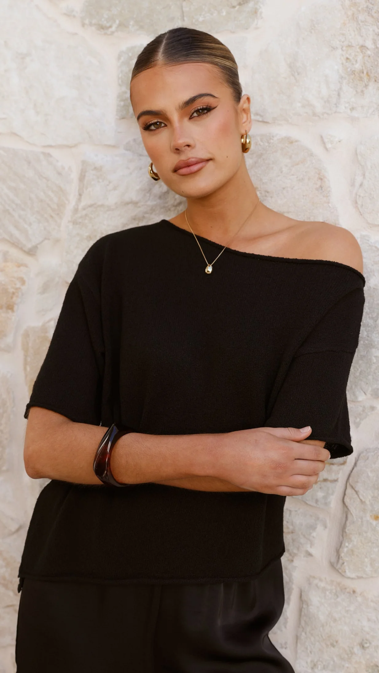 Blair Off Shoulder Tee - Black - Image 5