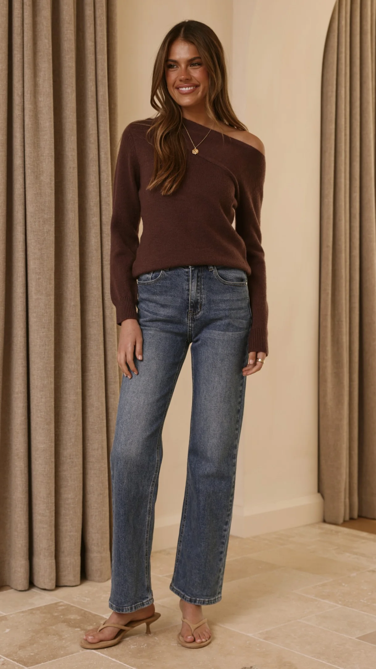 Briella Boat Neck Sweater - Brown