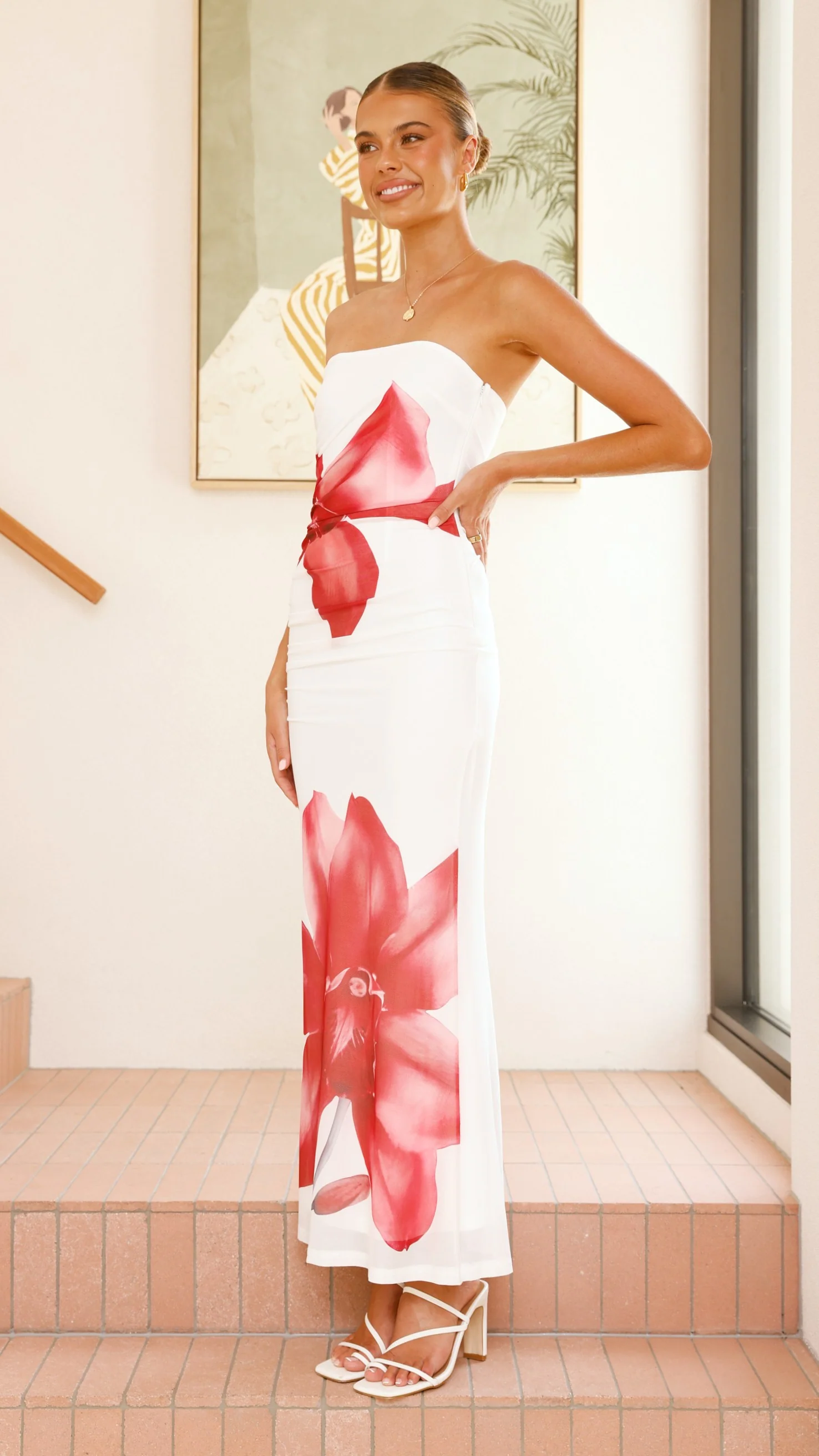 Brittani Strapless Maxi Dress - White/Red - Image 10