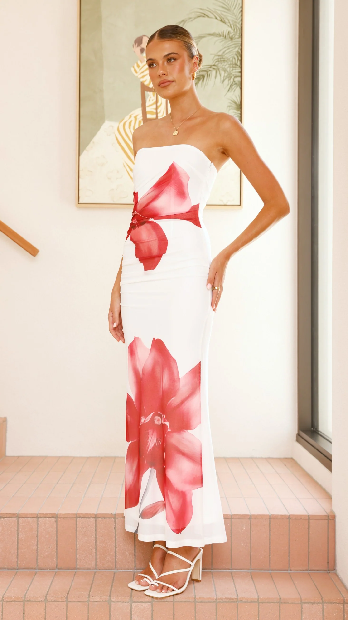 Brittani Strapless Maxi Dress - White/Red - Image 12