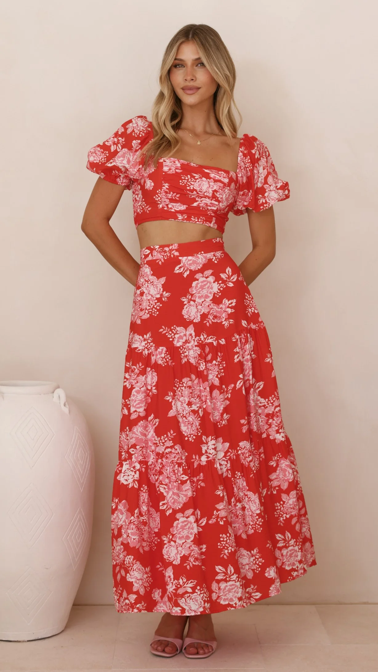 Calla Top and Maxi Skirt Set - Red Floral - Image 4