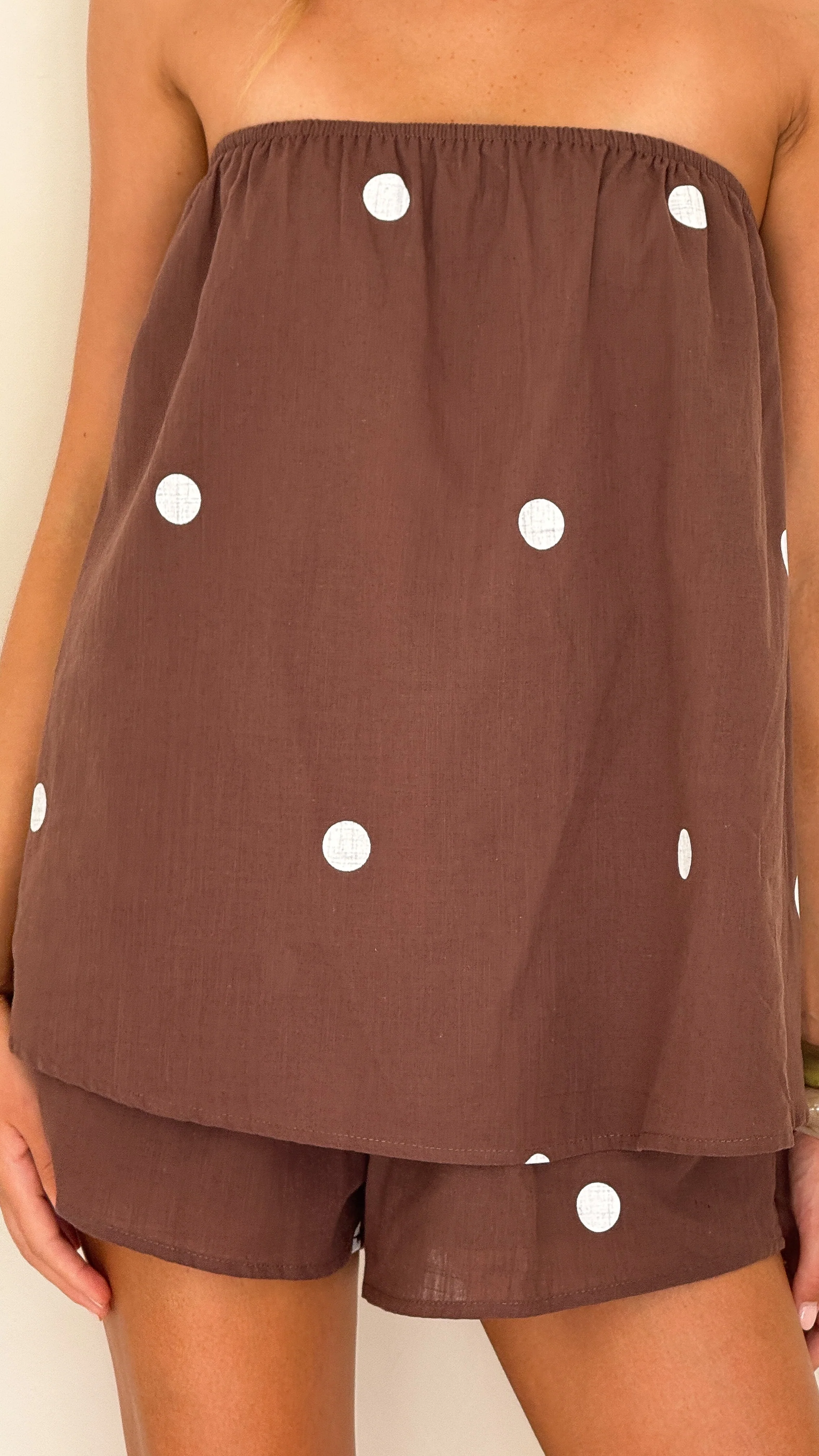 Calliope Strapless Top and Shorts Set - Brown/White Polka - Image 10