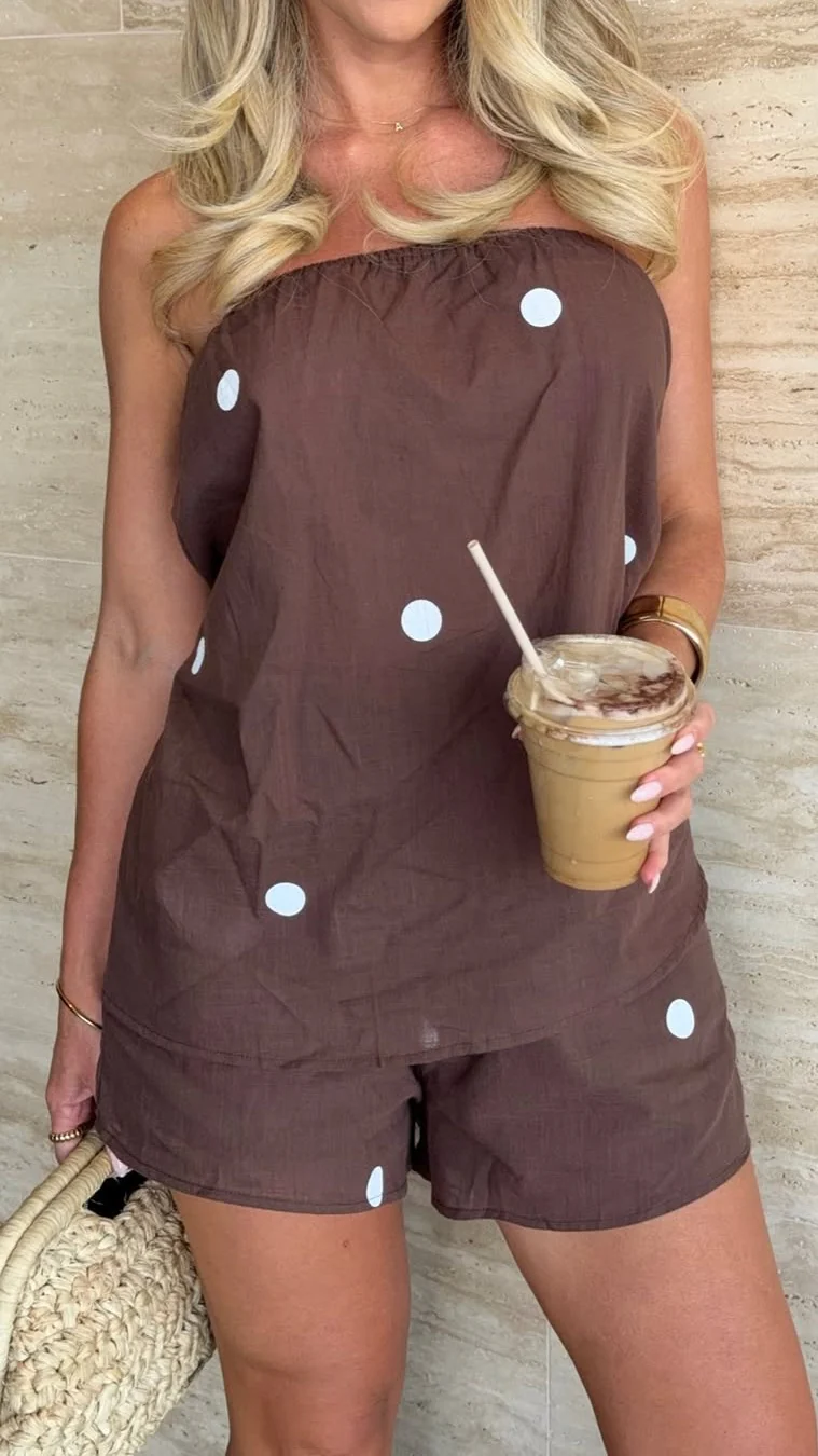 Calliope Strapless Top and Shorts Set - Brown/White Polka - Image 12