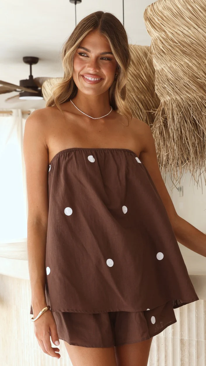 Calliope Strapless Top and Shorts Set - Brown/White Polka - Image 3