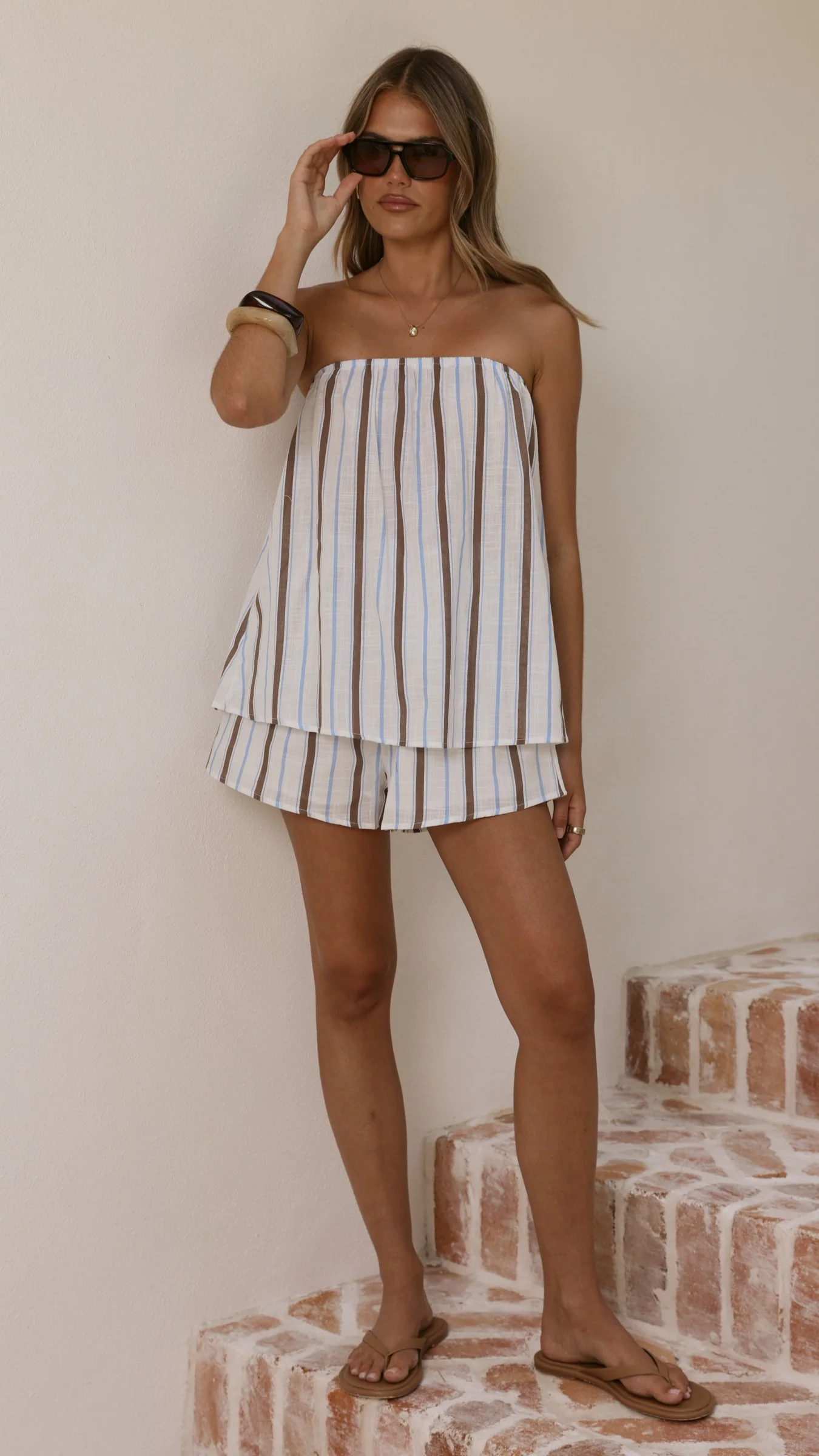 Calliope Strapless Top and Shorts Set - Choc/Blue Stripe - Image 6