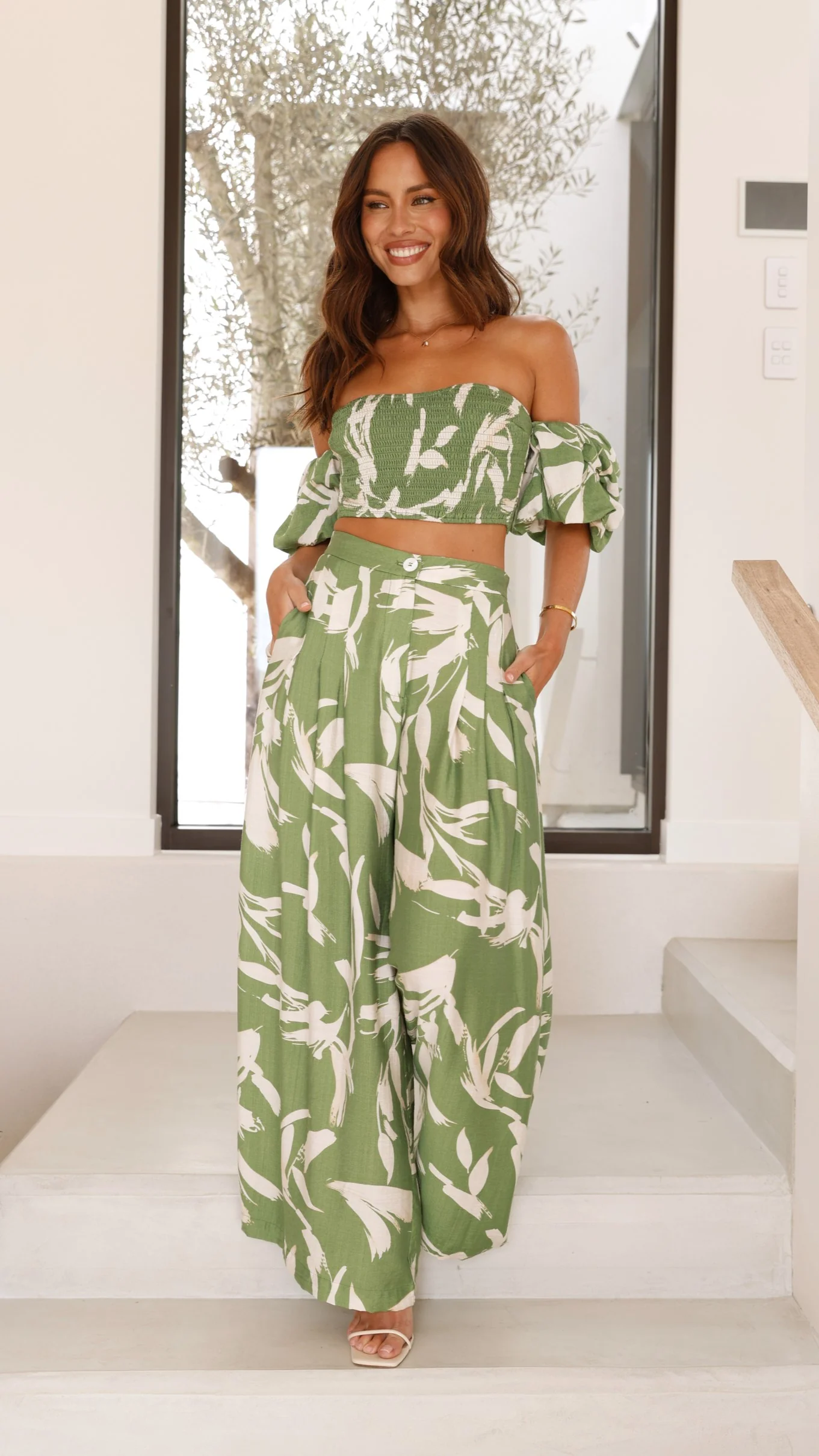 Callison Crop Top and Pants Set - Green Print - Image 10