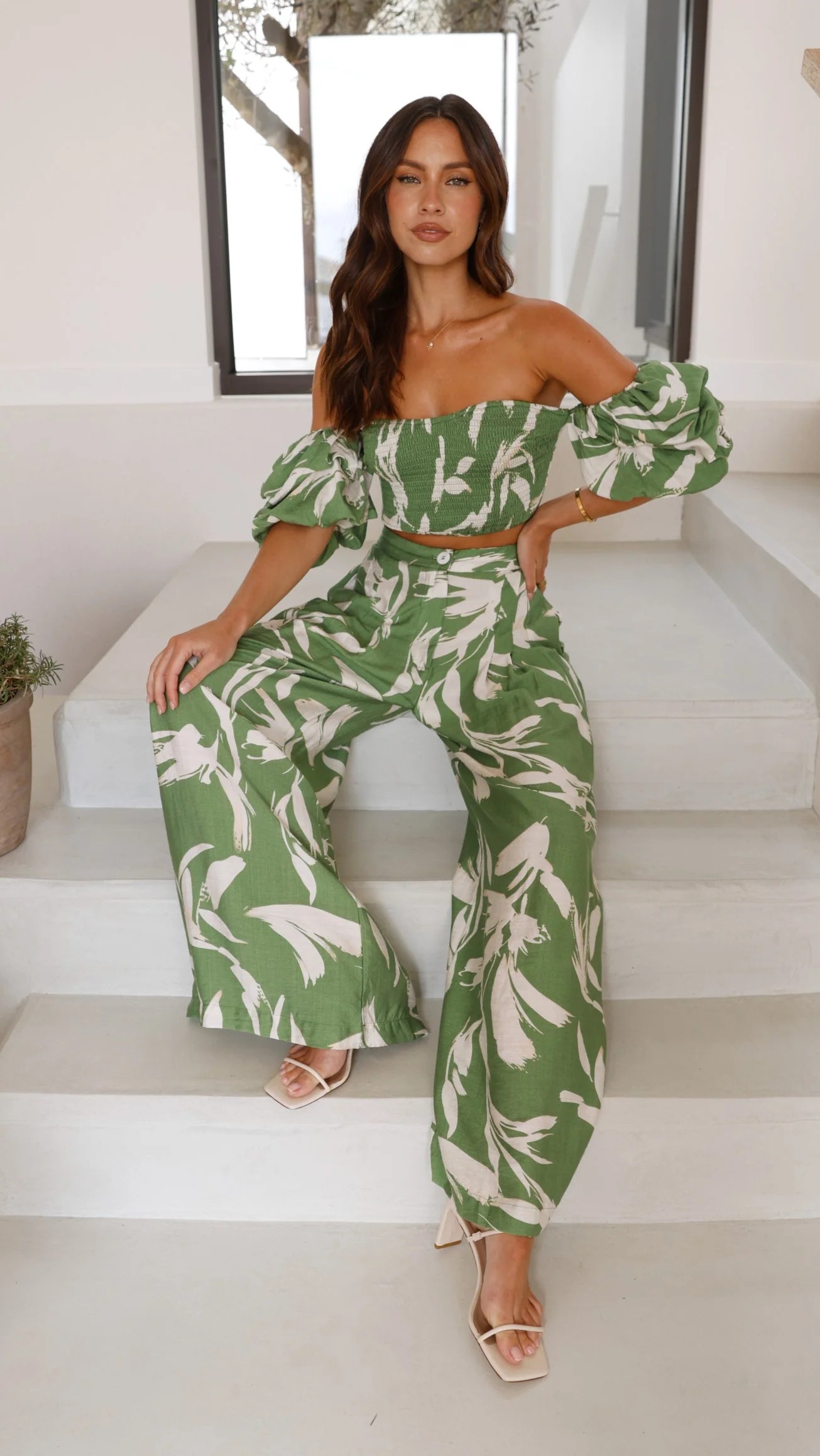 Callison Crop Top and Pants Set - Green Print - Image 11