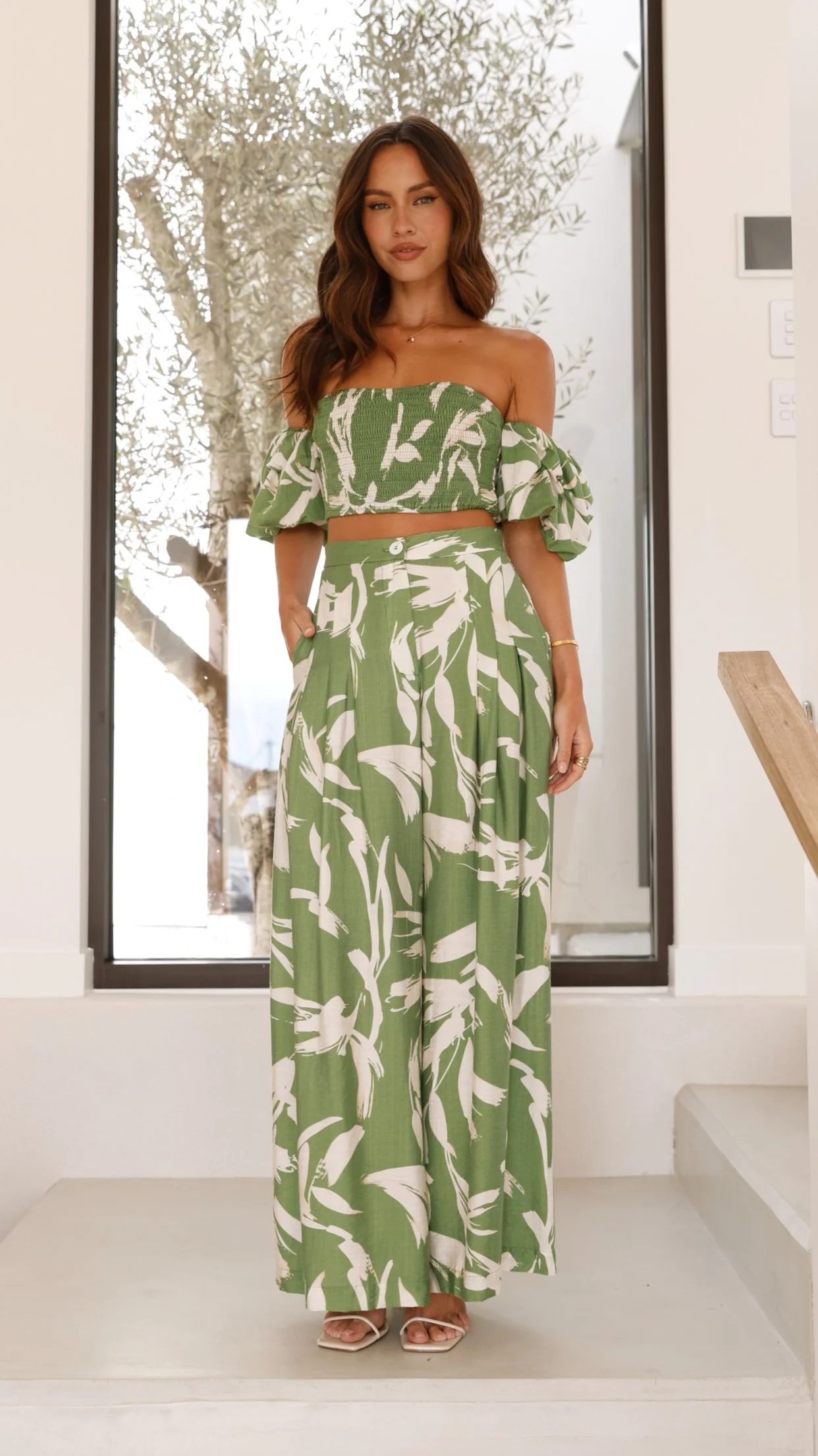 Callison Crop Top and Pants Set - Green Print - Image 12