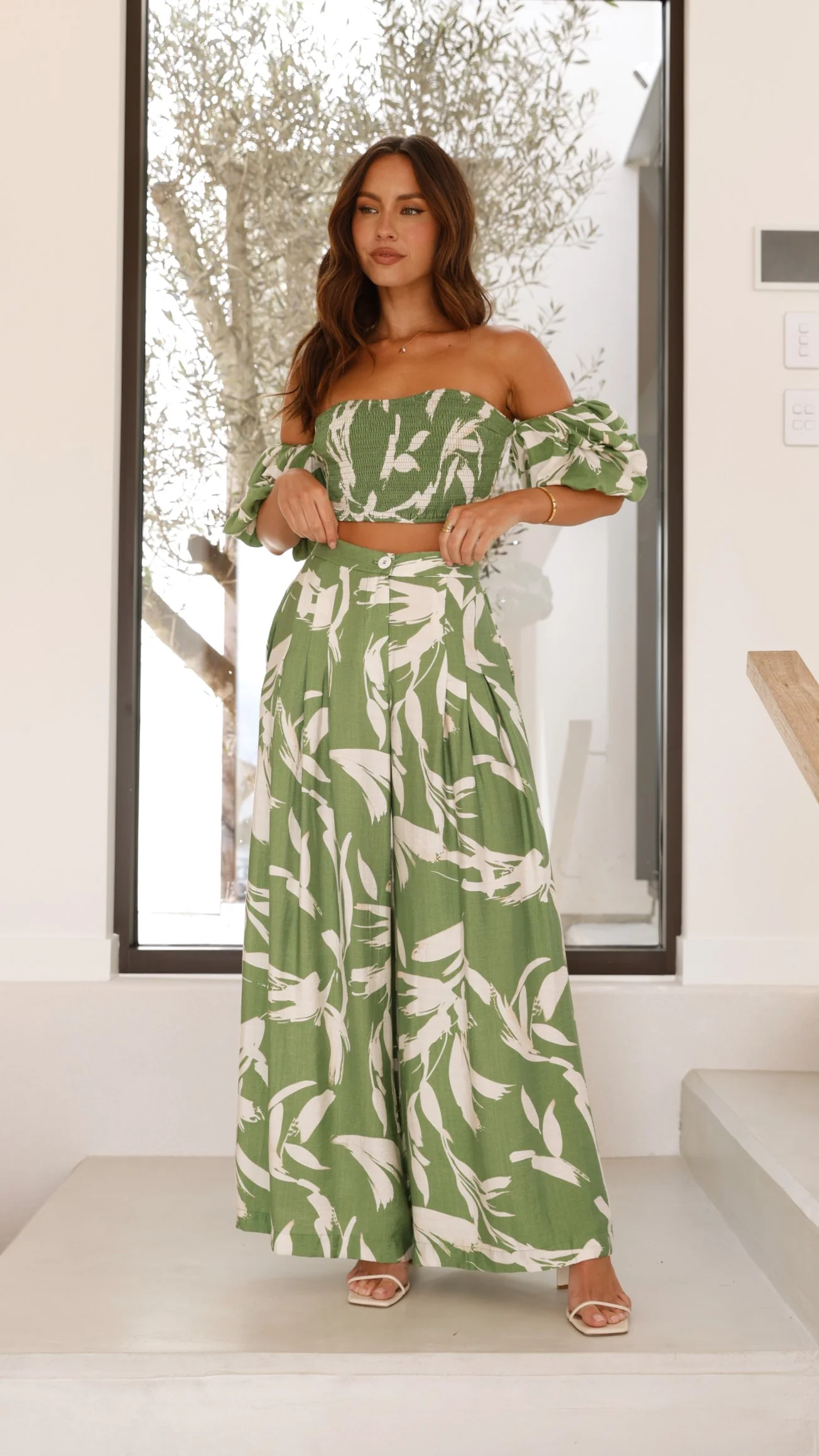 Callison Crop Top and Pants Set - Green Print - Image 13