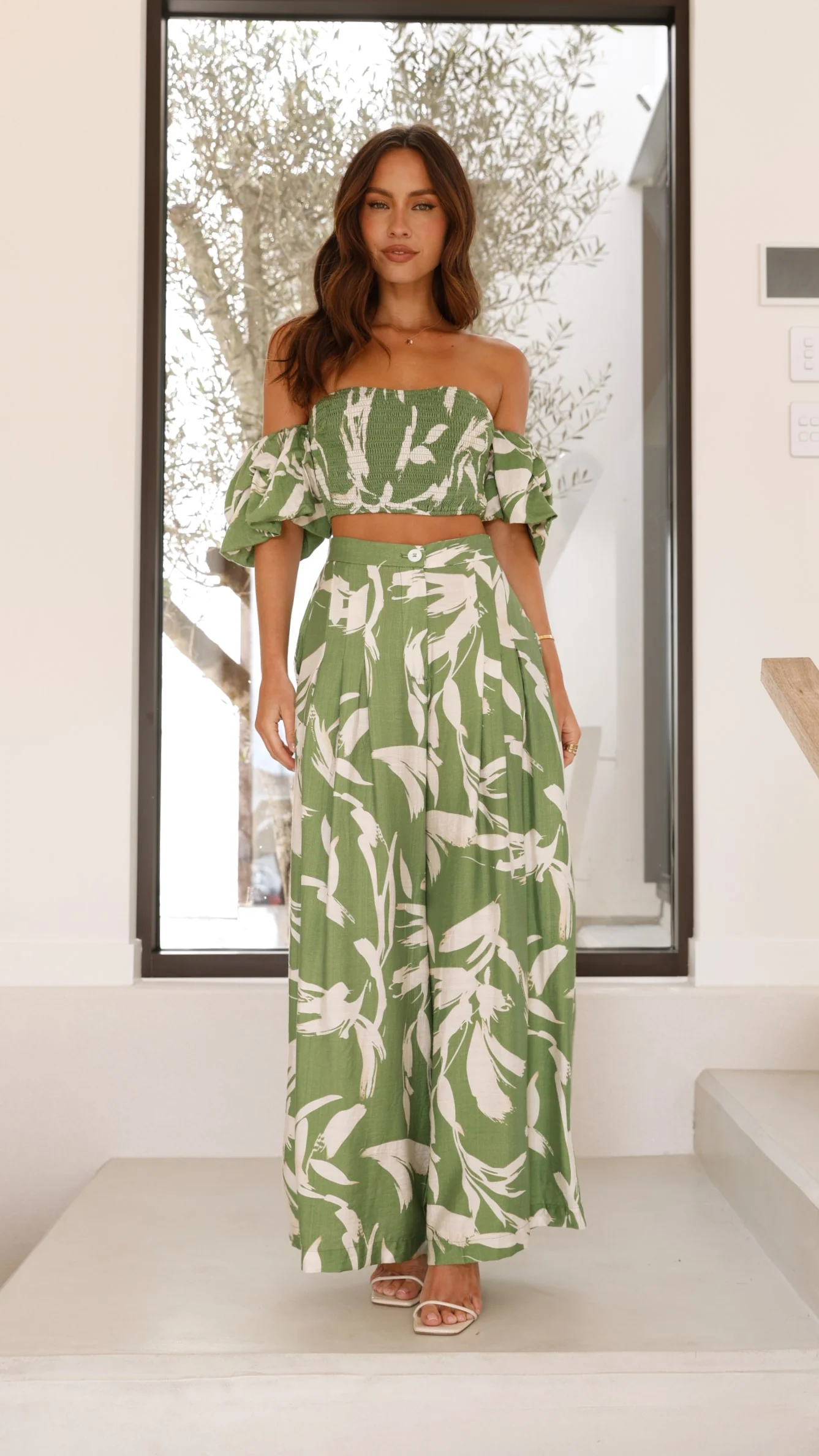 Callison Crop Top and Pants Set - Green Print - Image 14