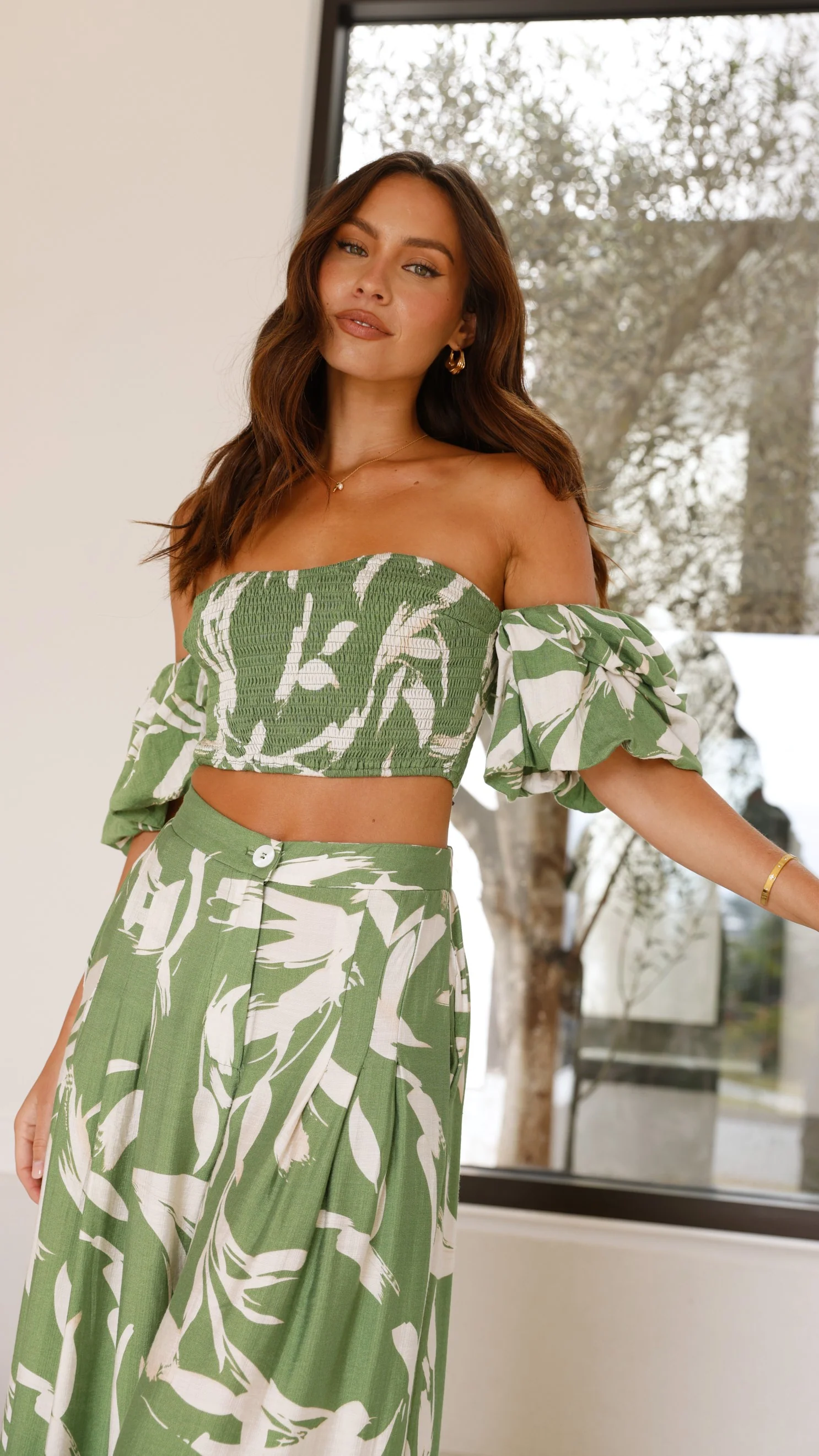 Callison Crop Top and Pants Set - Green Print - Image 17