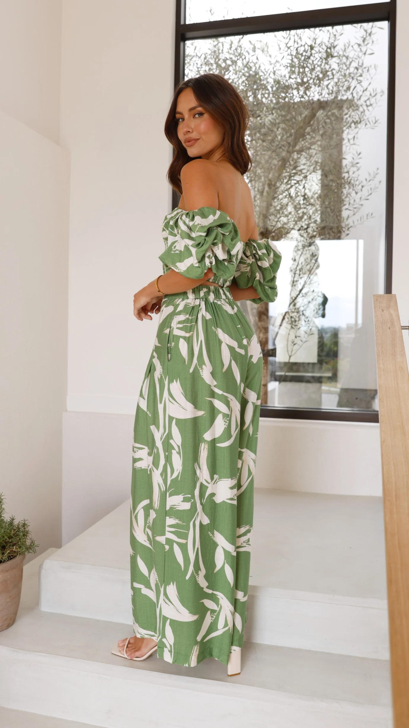 Callison Crop Top and Pants Set - Green Print - Image 2