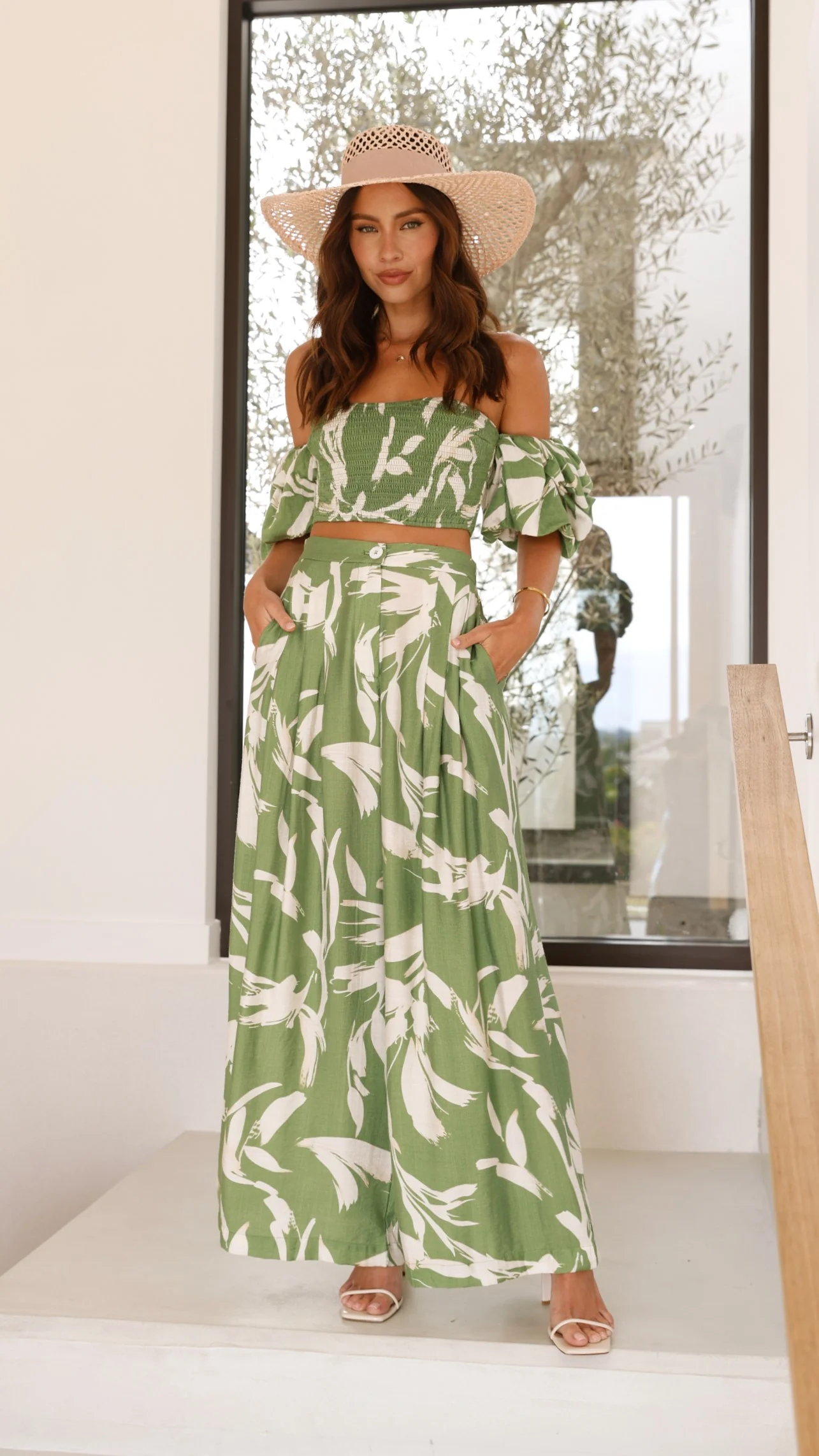 Callison Crop Top and Pants Set - Green Print - Image 20