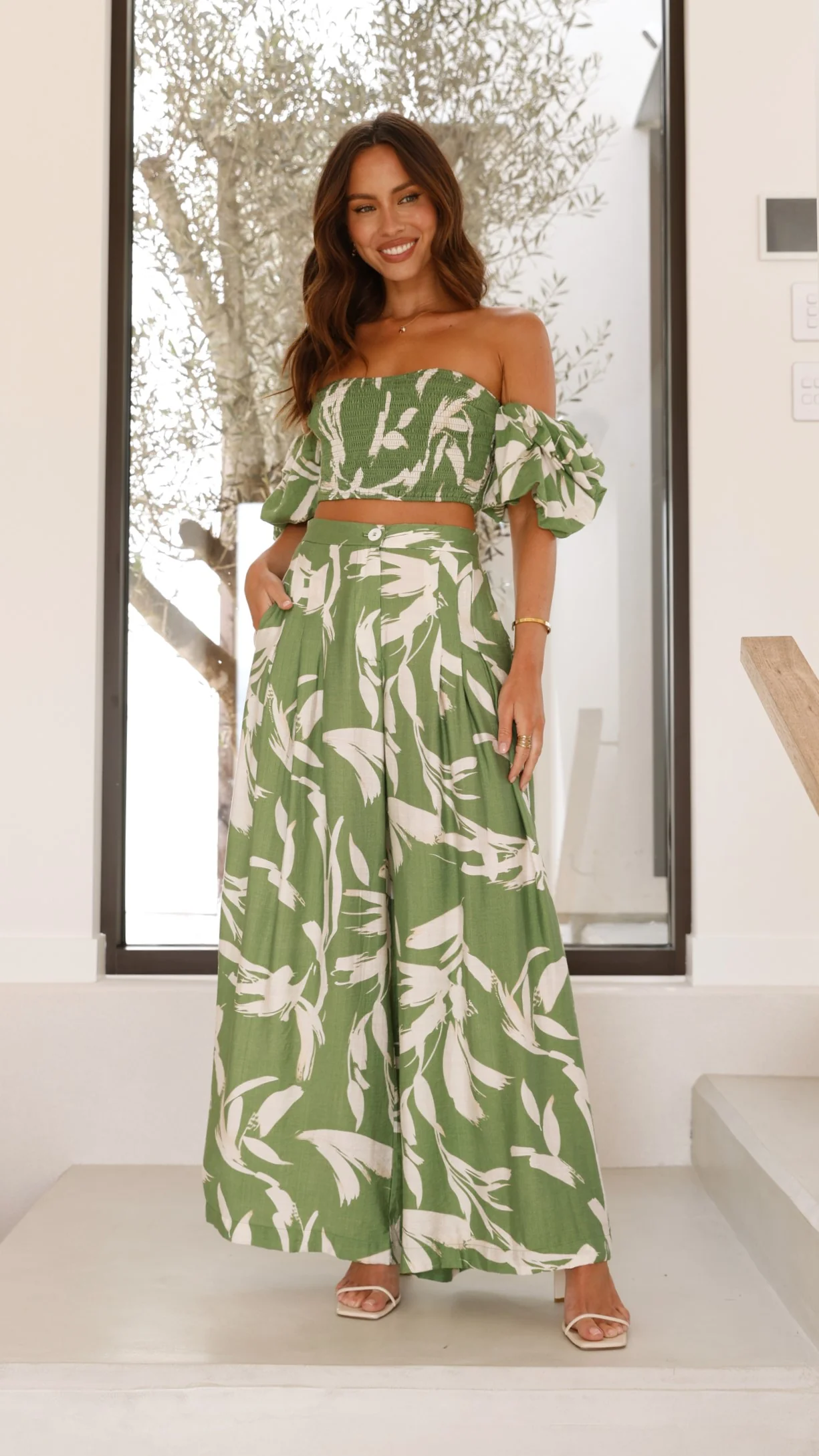 Callison Crop Top and Pants Set - Green Print - Image 4