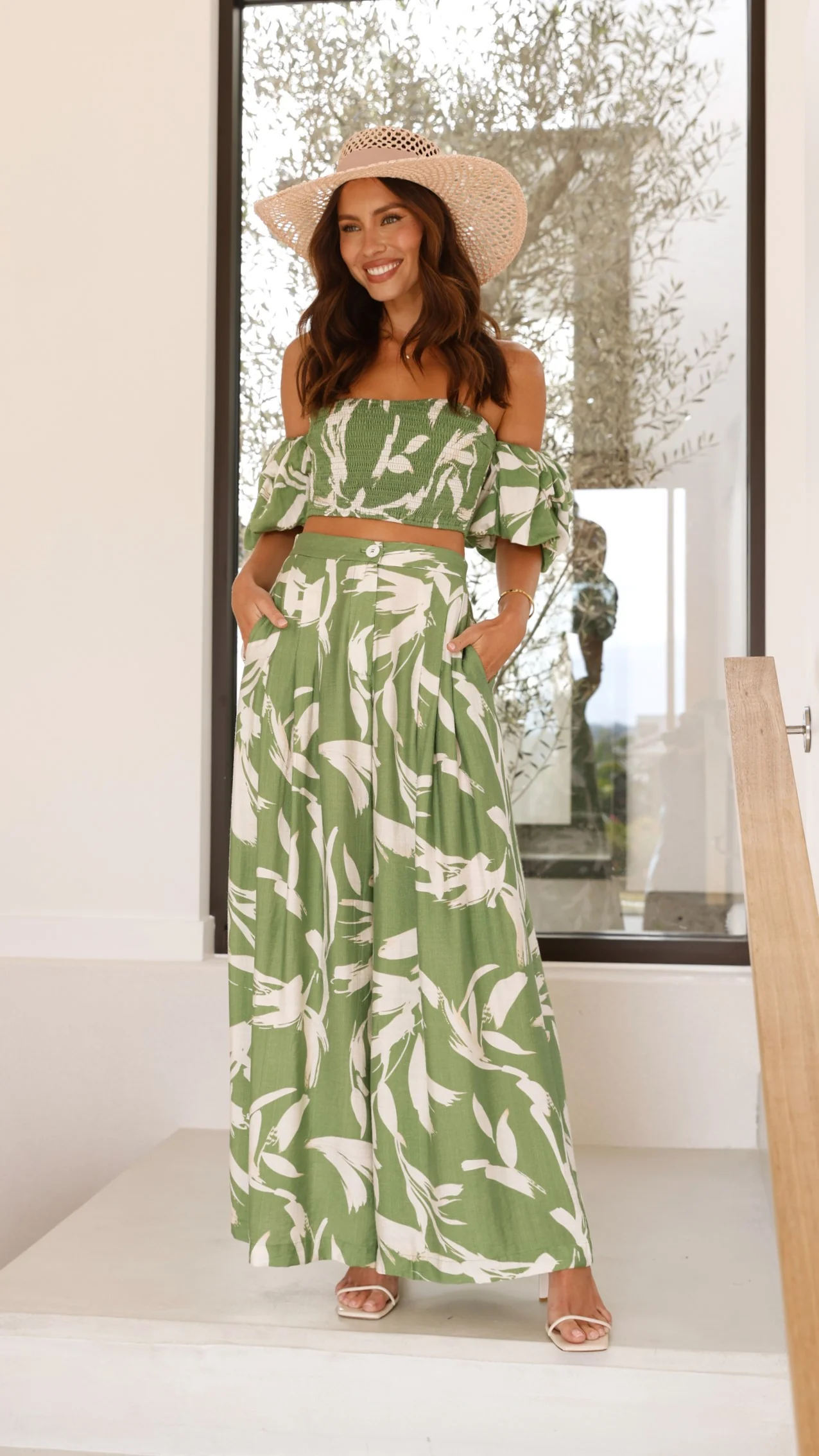 Callison Crop Top and Pants Set - Green Print - Image 5