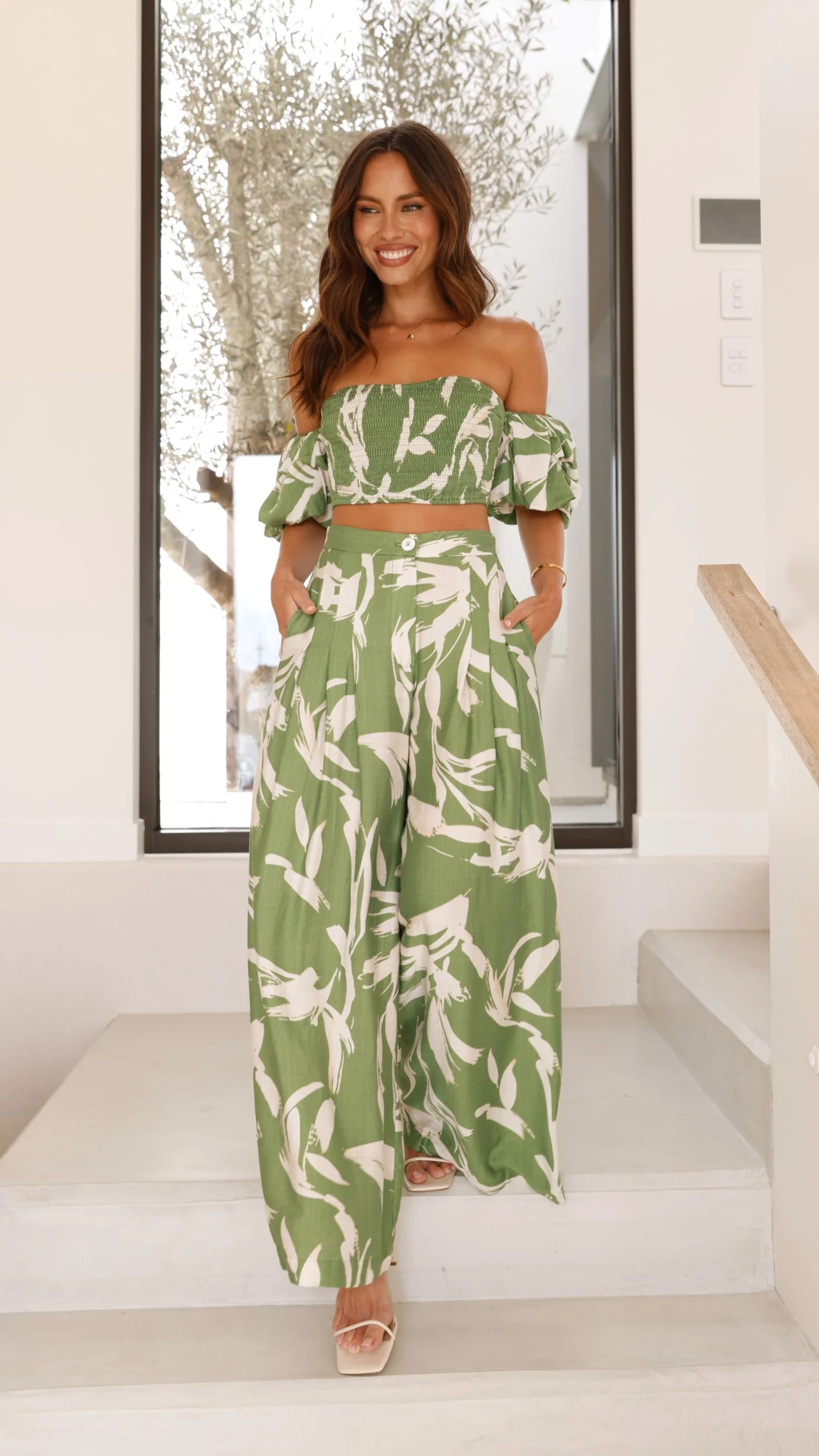 Callison Crop Top and Pants Set - Green Print - Image 6