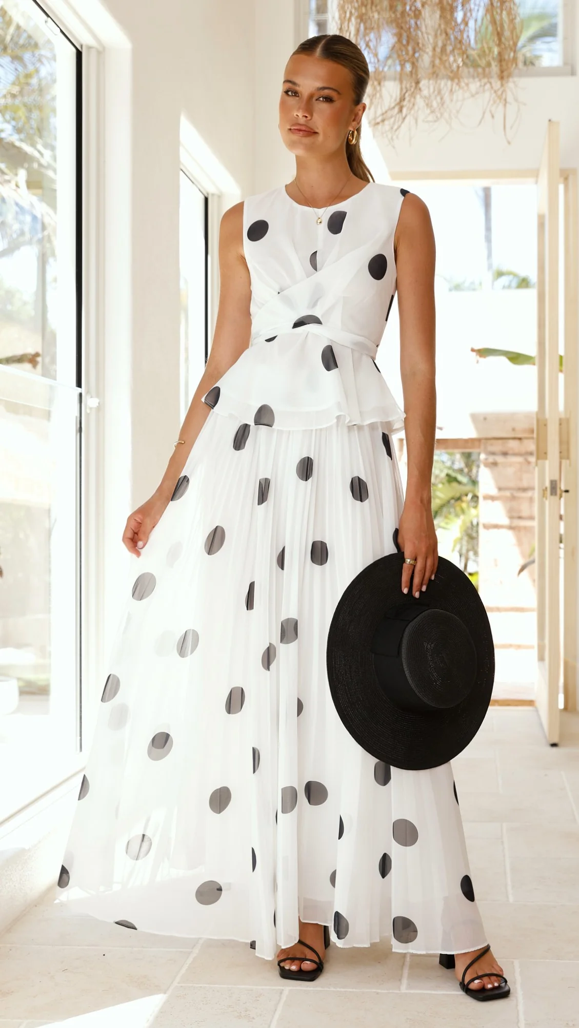 Cambree Peplum Top and Maxi Skirt Set - White / Black Polka Dot - Image 10