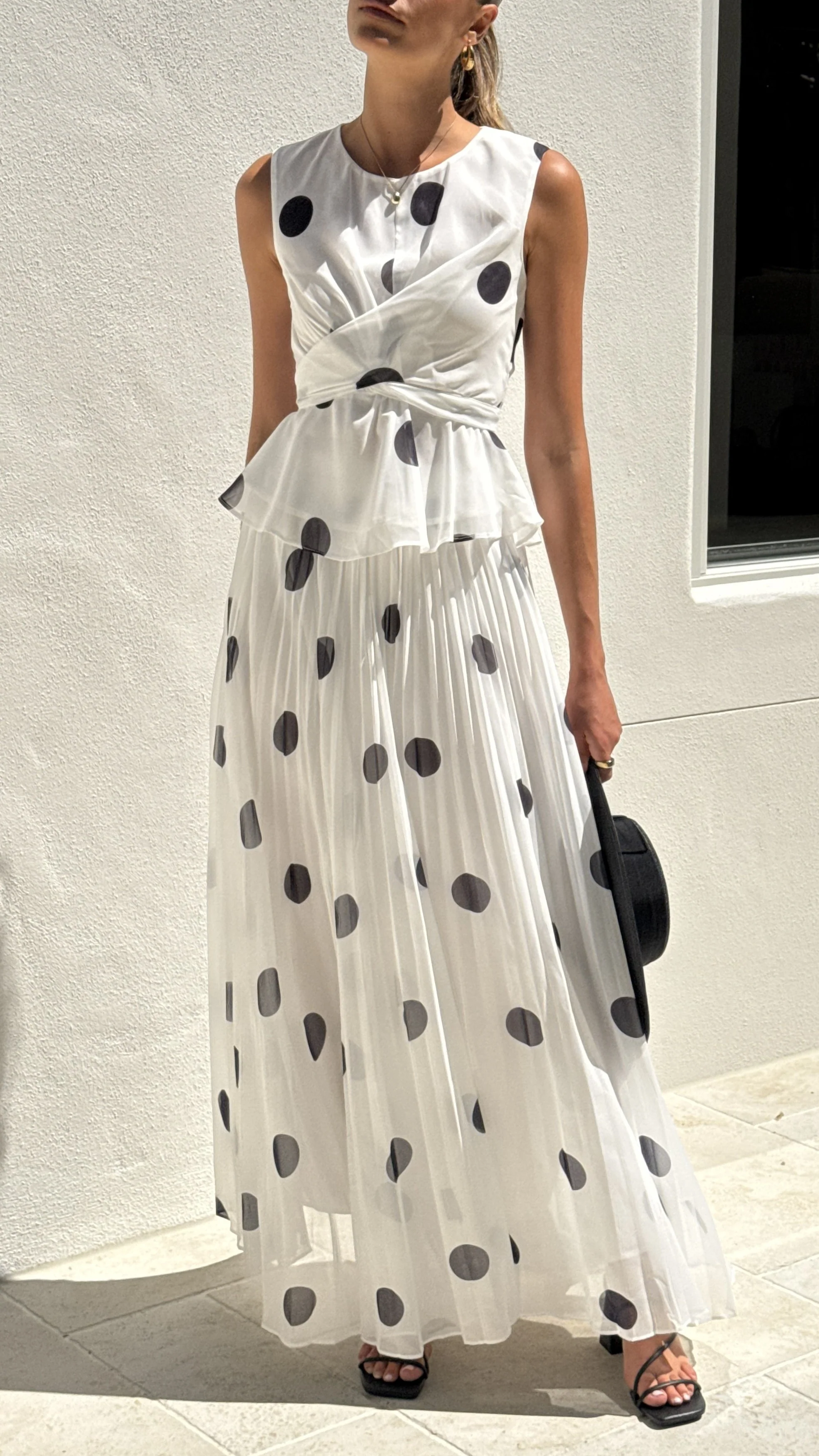 Cambree Peplum Top and Maxi Skirt Set - White / Black Polka Dot - Image 5