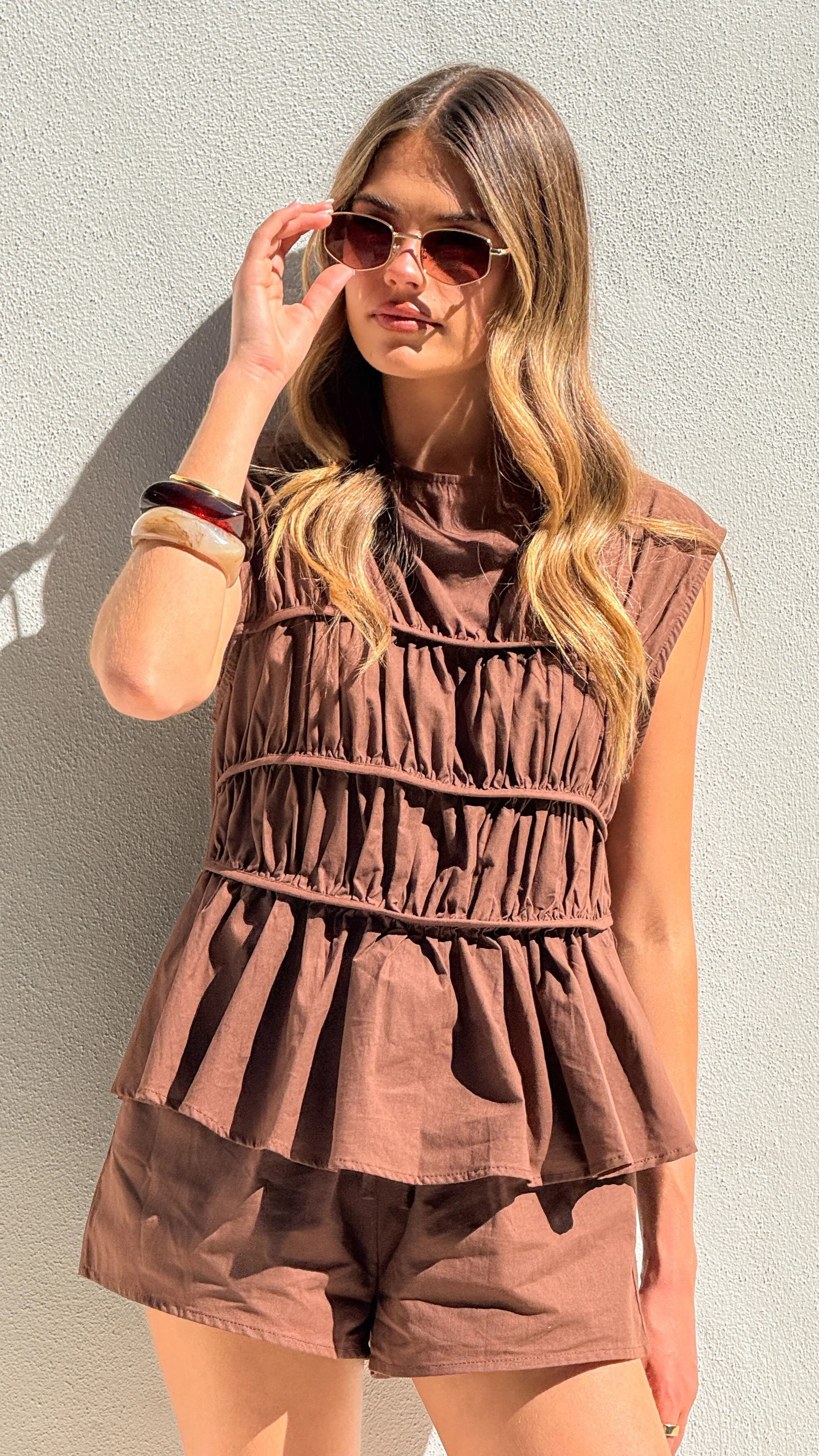 Cara Shirred Top and Shorts Set - Brown - Image 4
