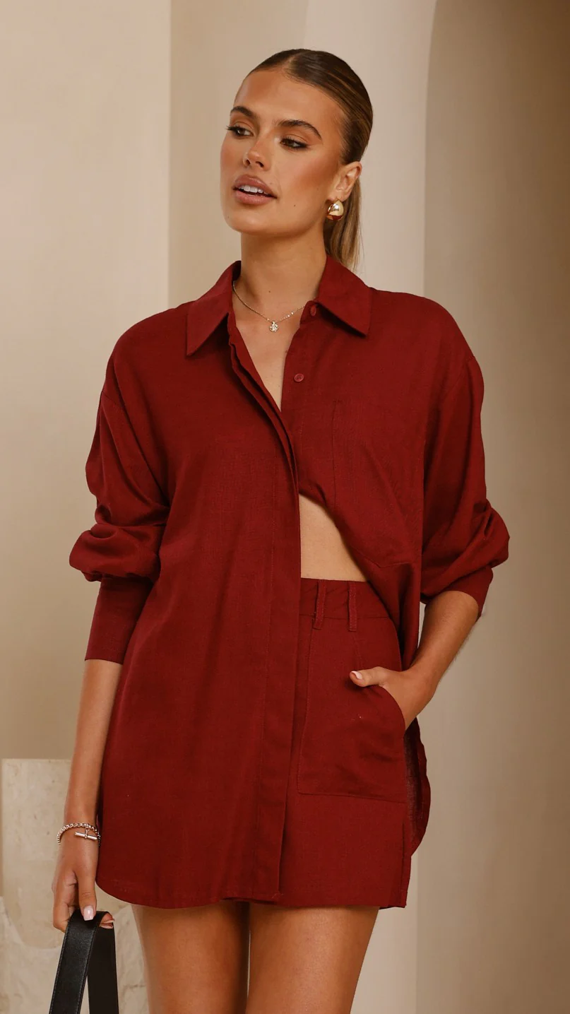 Charla Button Up Top - Burgundy - Image 11