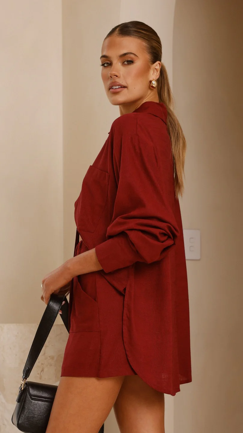 Charla Button Up Top - Burgundy - Image 13
