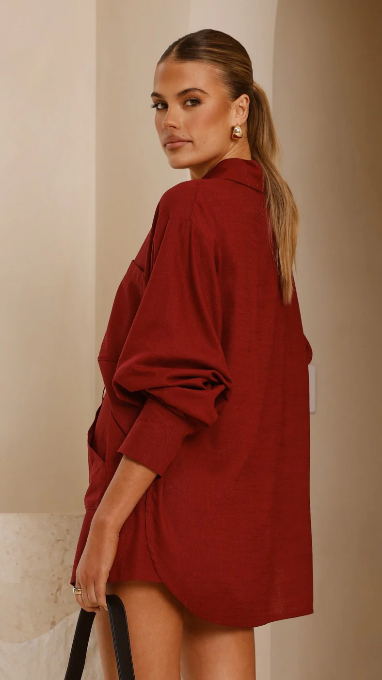 Charla Button Up Top - Burgundy - Image 2
