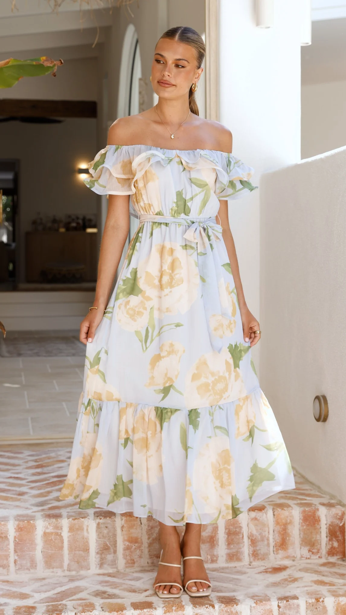 Chase Off Shoulder Maxi Dress - Blue/Peach Floral - Image 3
