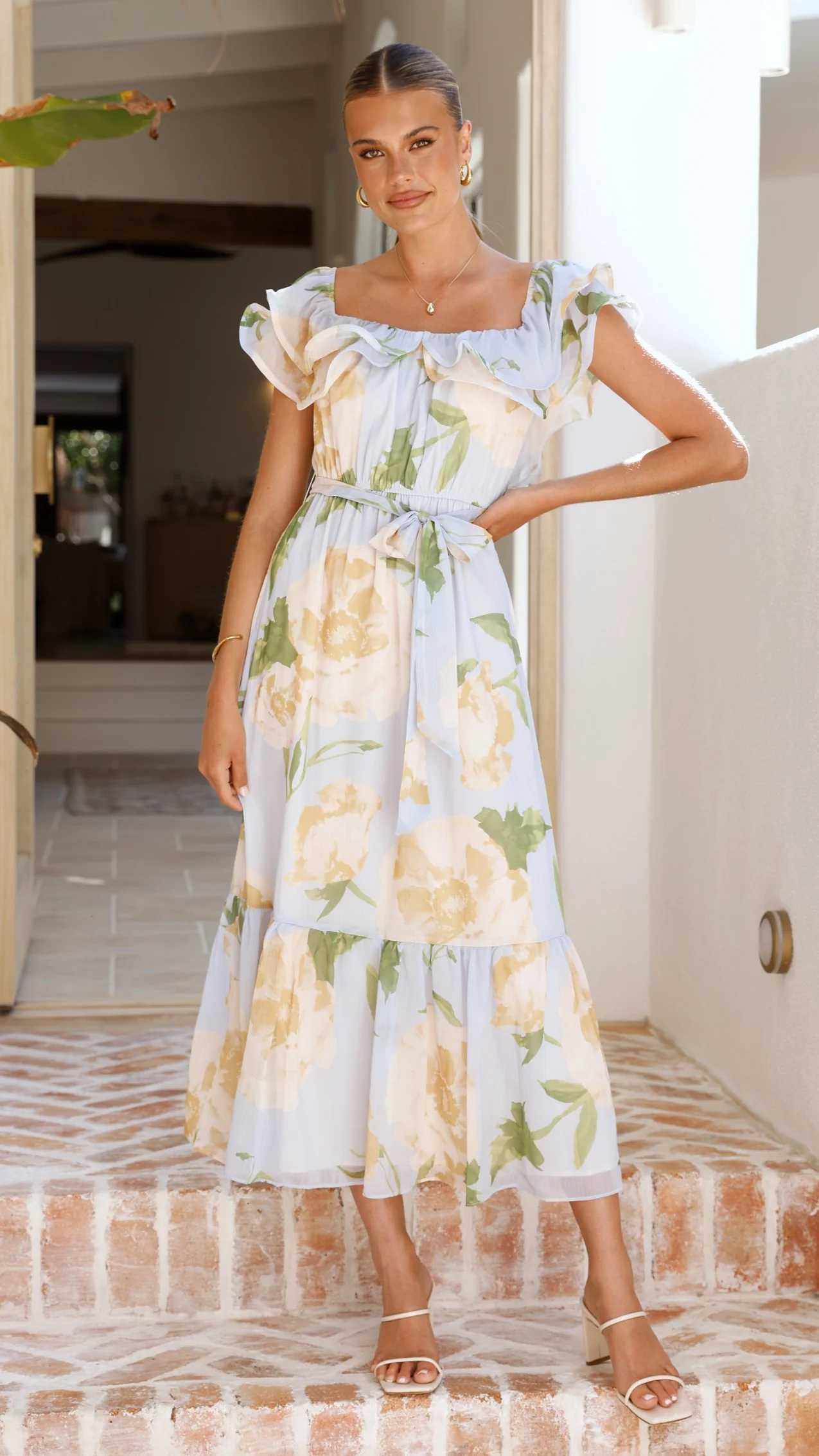 Chase Off Shoulder Maxi Dress - Blue/Peach Floral - Image 4