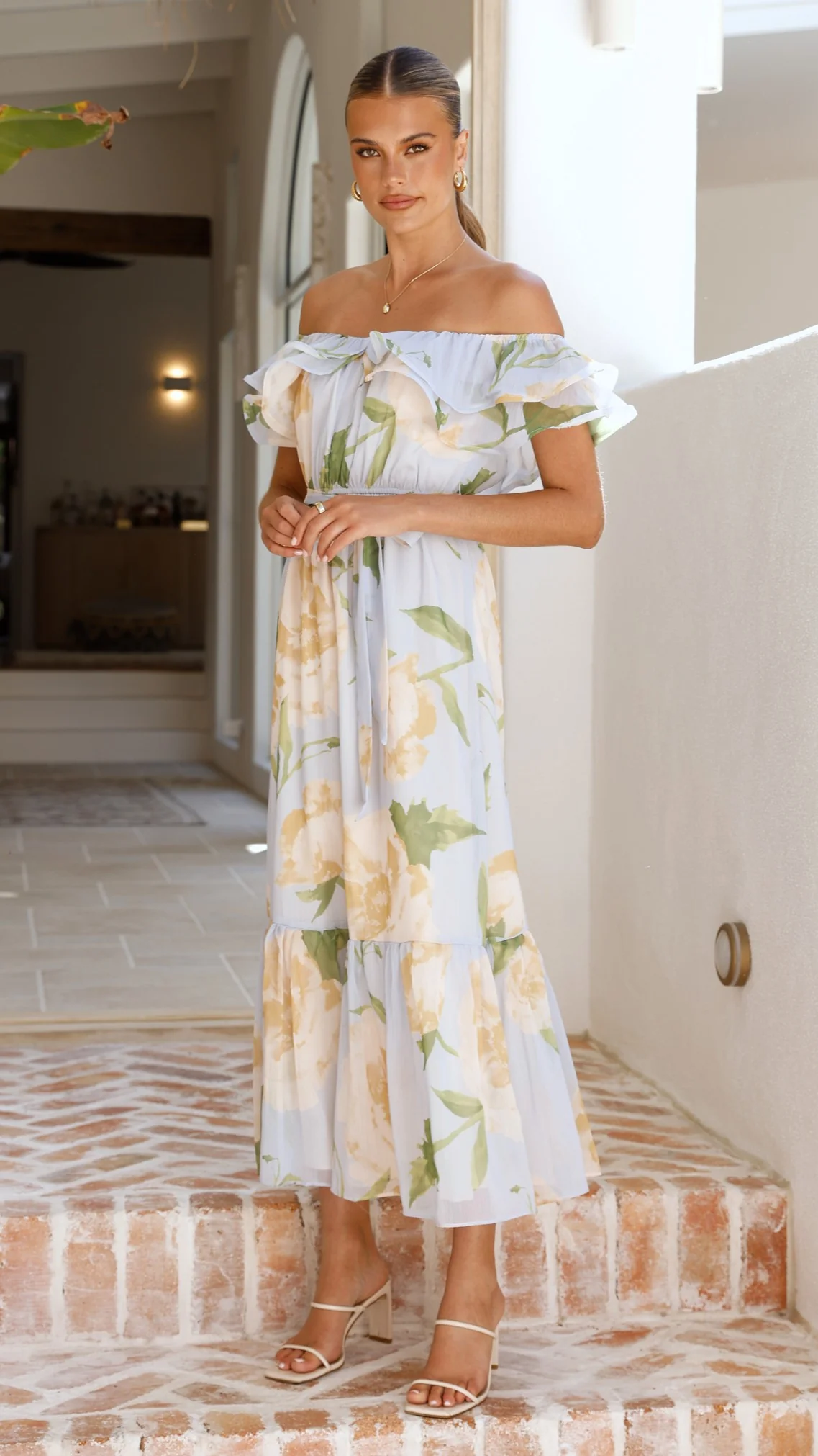 Chase Off Shoulder Maxi Dress - Blue/Peach Floral - Image 6