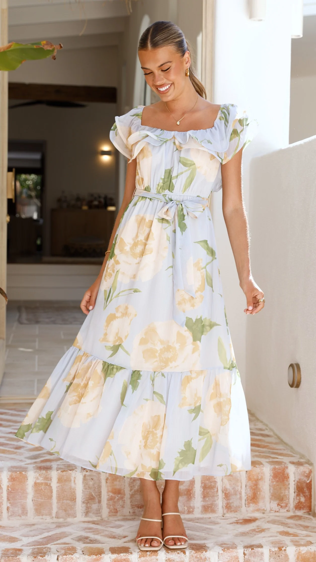 Chase Off Shoulder Maxi Dress - Blue/Peach Floral - Image 7