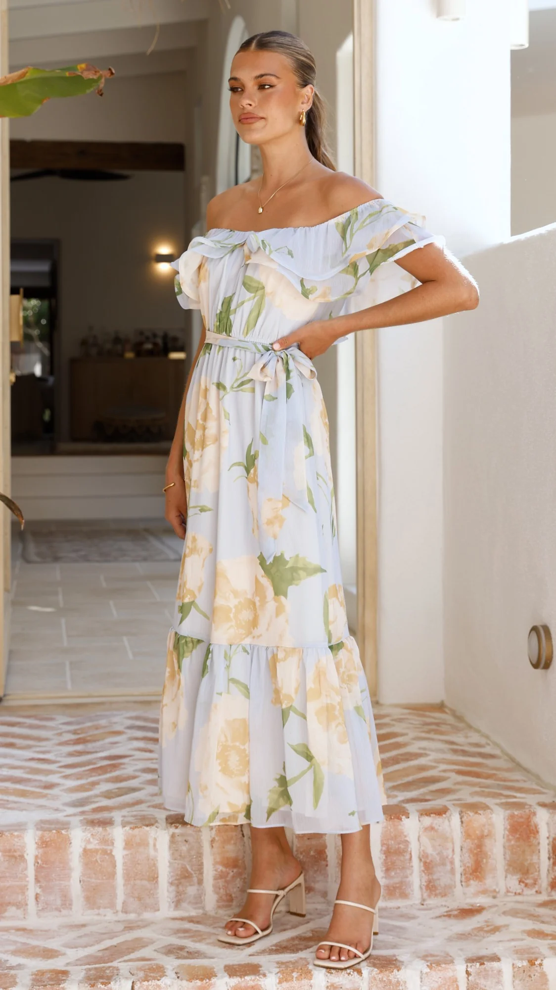 Chase Off Shoulder Maxi Dress - Blue/Peach Floral - Image 9