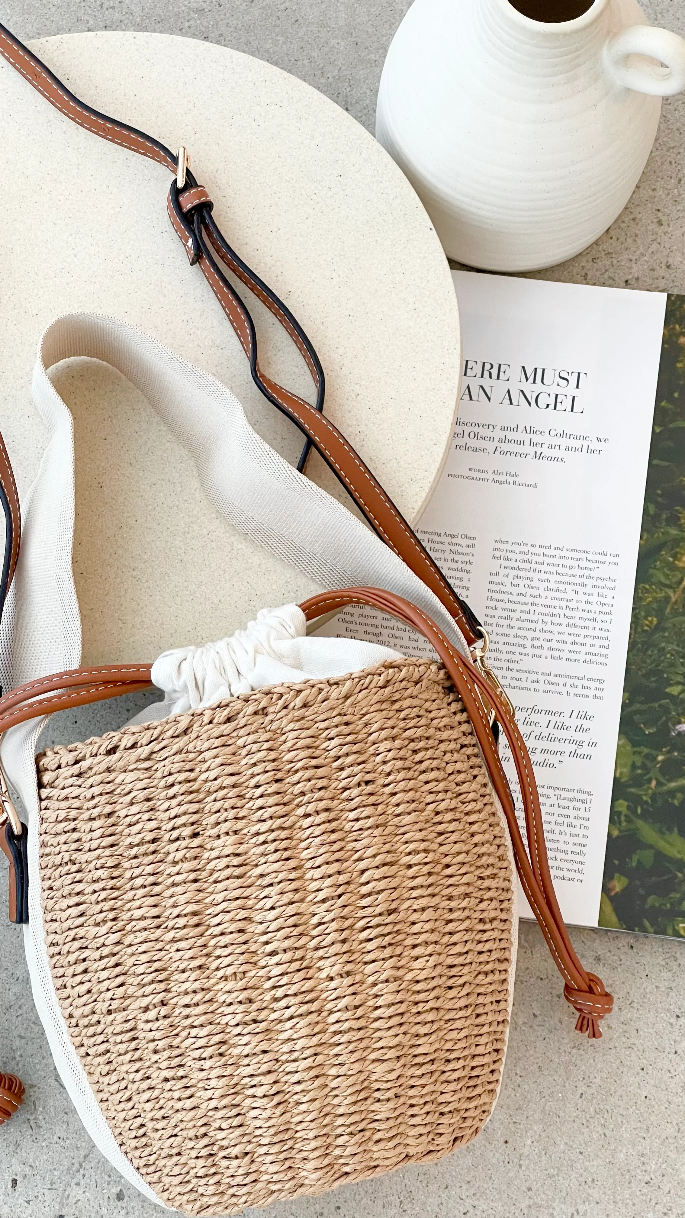 Cleo Woven Bucket Handbag - Natural / Tan - Image 3