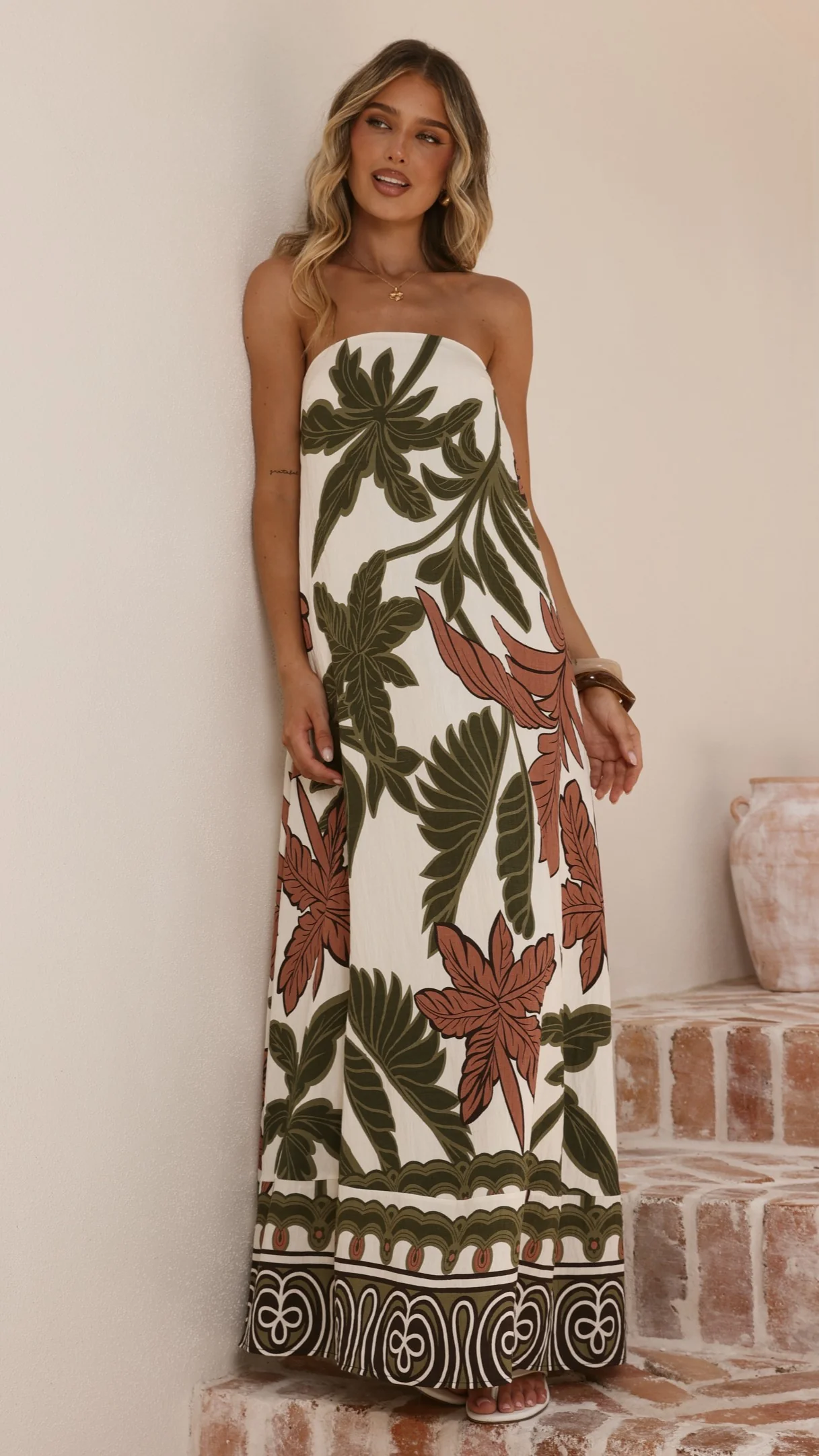 Connie Maxi Dress - Green/Beige Palm - Image 10