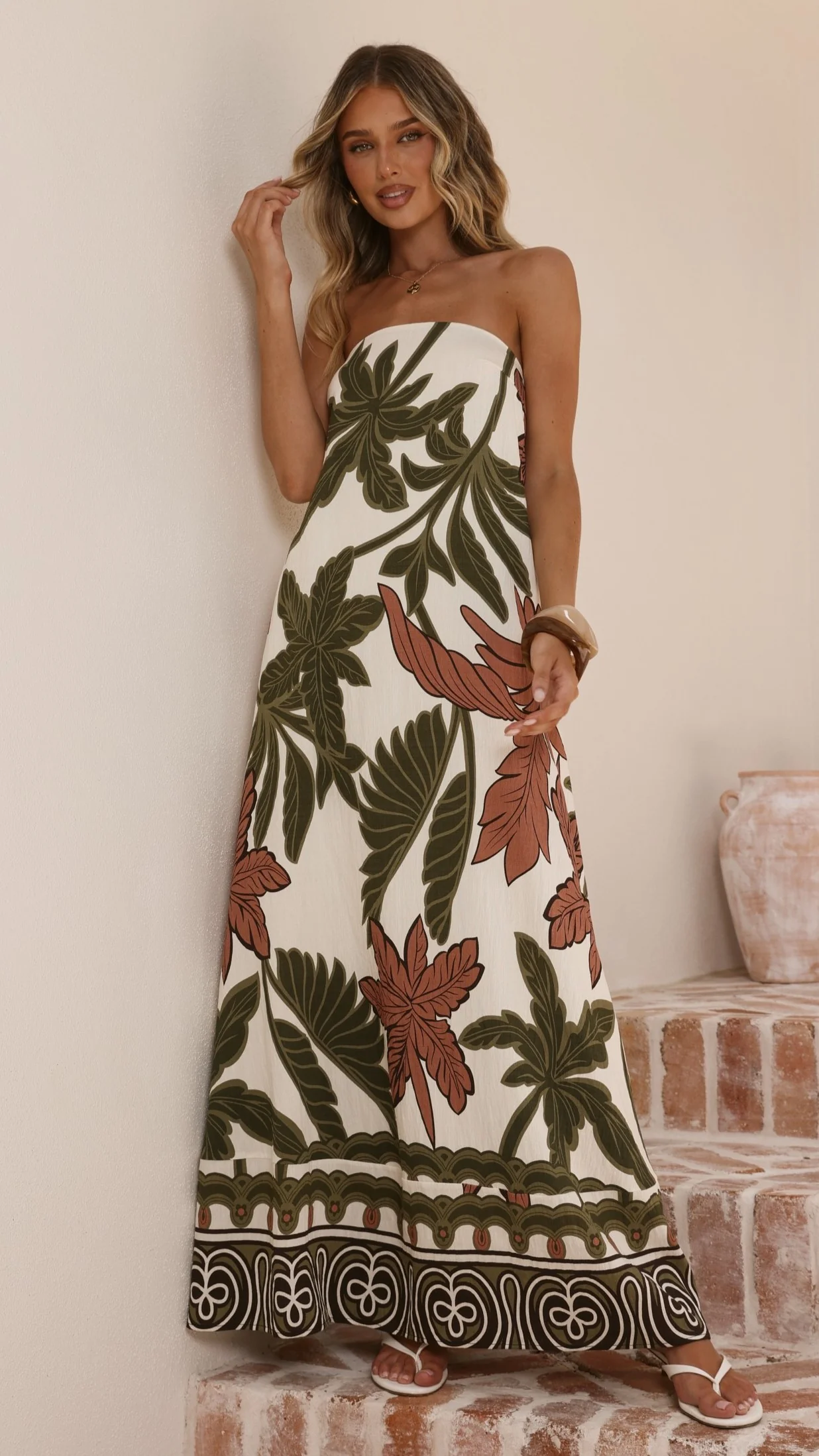 Connie Maxi Dress - Green/Beige Palm - Image 4