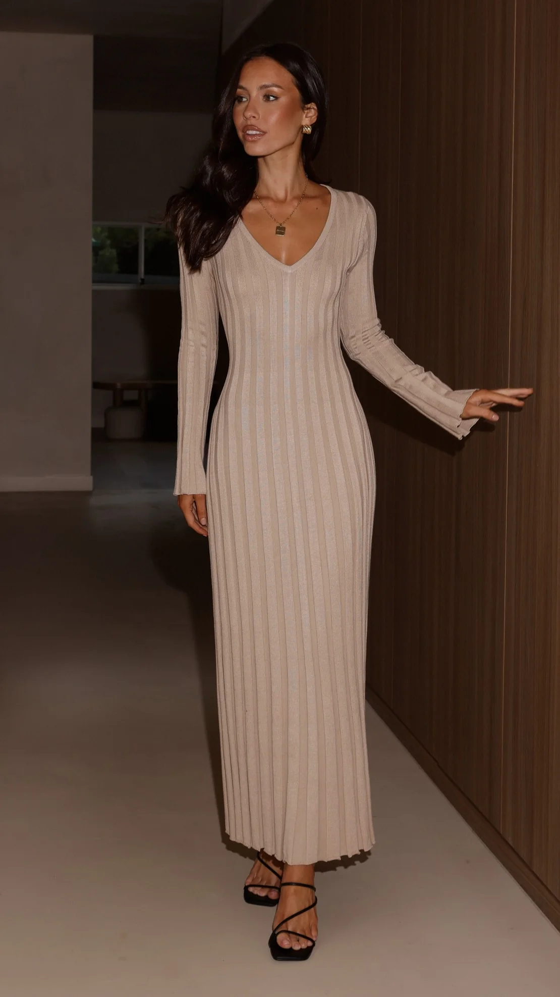 Cyra Long Sleeve Maxi Dress - Beige - Image 11