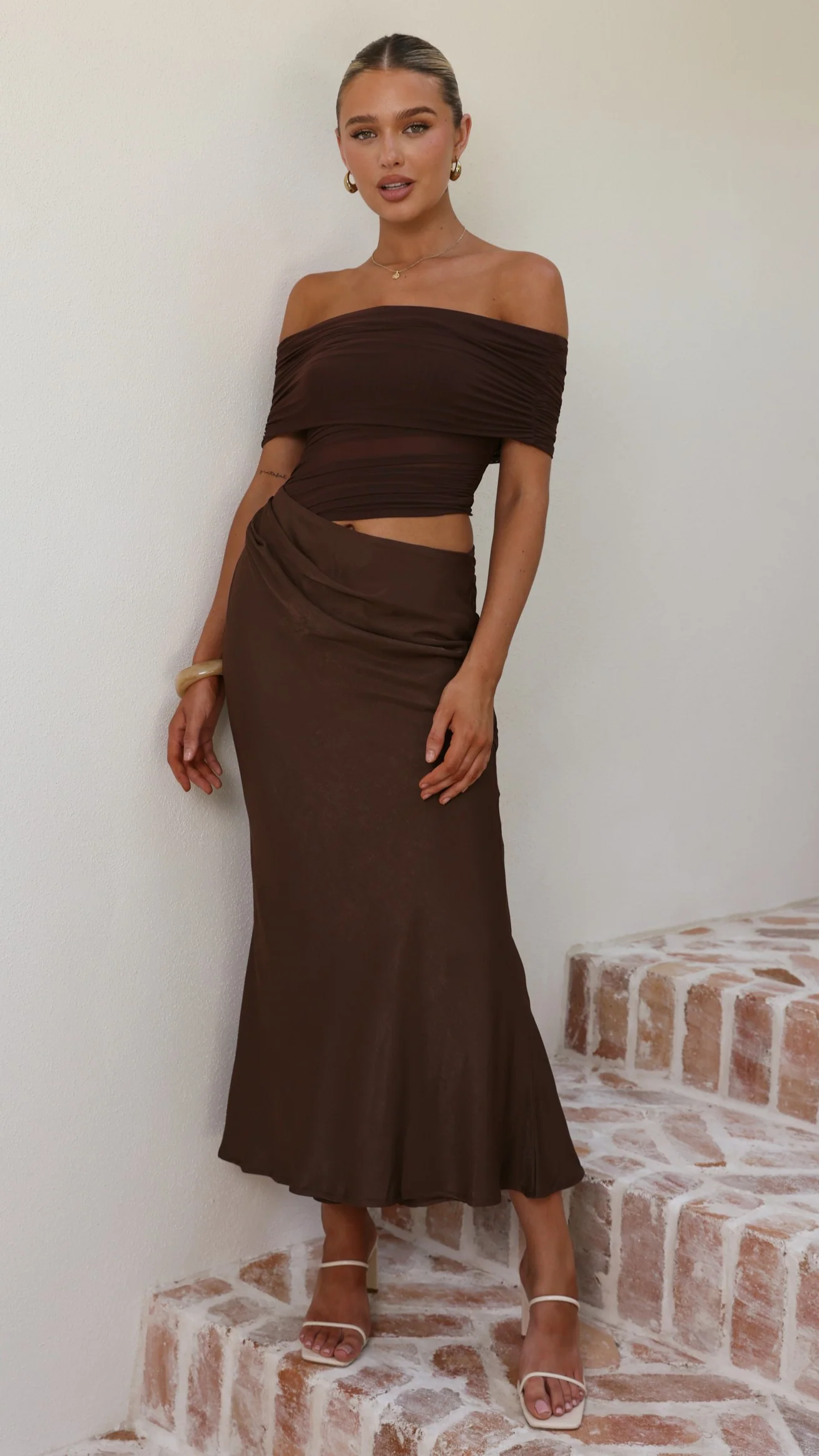 Daena Off Shoulder Maxi Dress - Chocolate - Image 3
