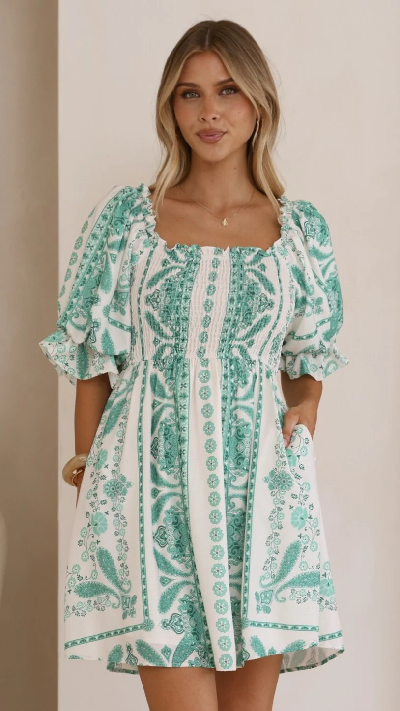 Danica Mini Dress - Green Aztec